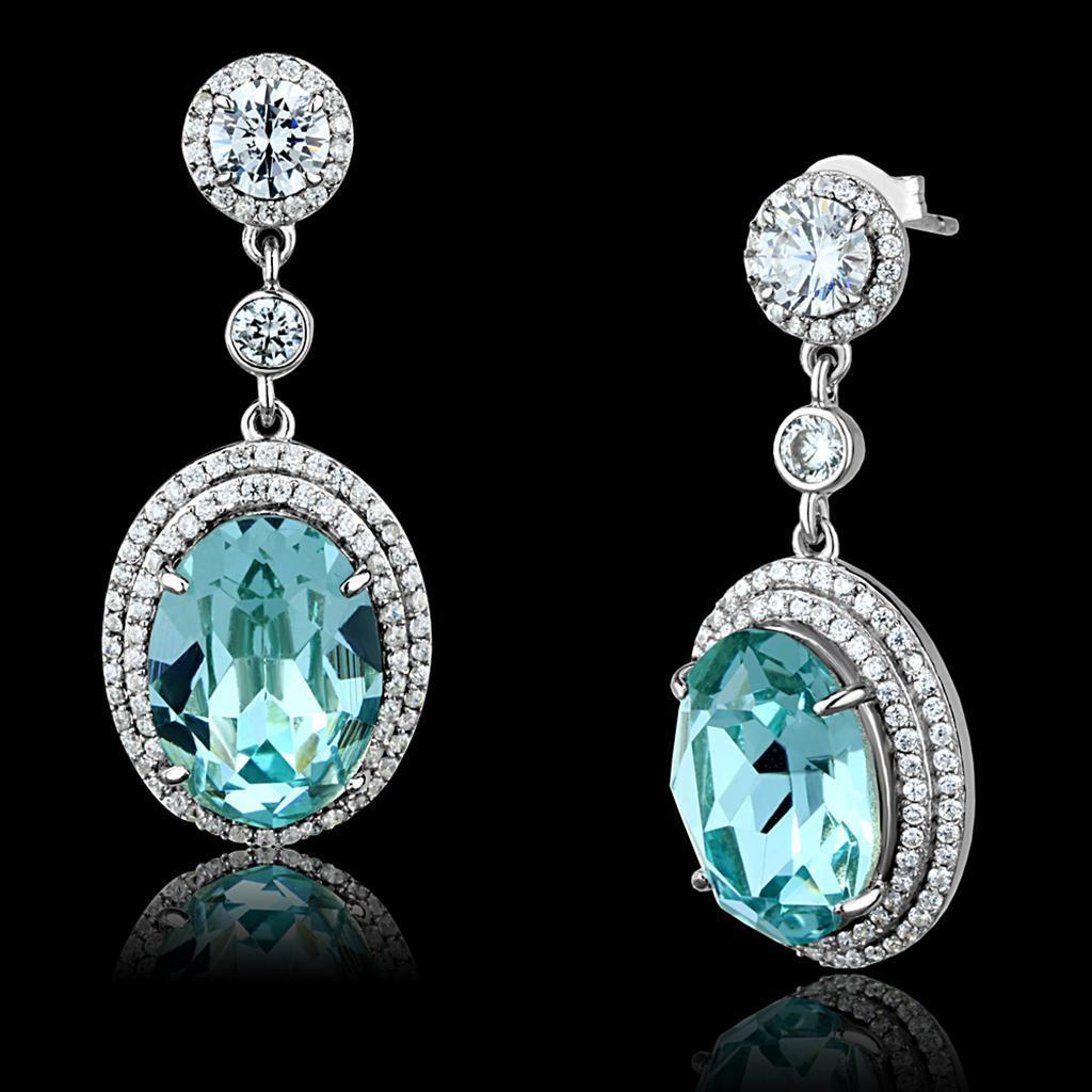 TS508 - Rhodium 925 Sterling Silver Earrings with Top Grade Crystal in Sea Blue