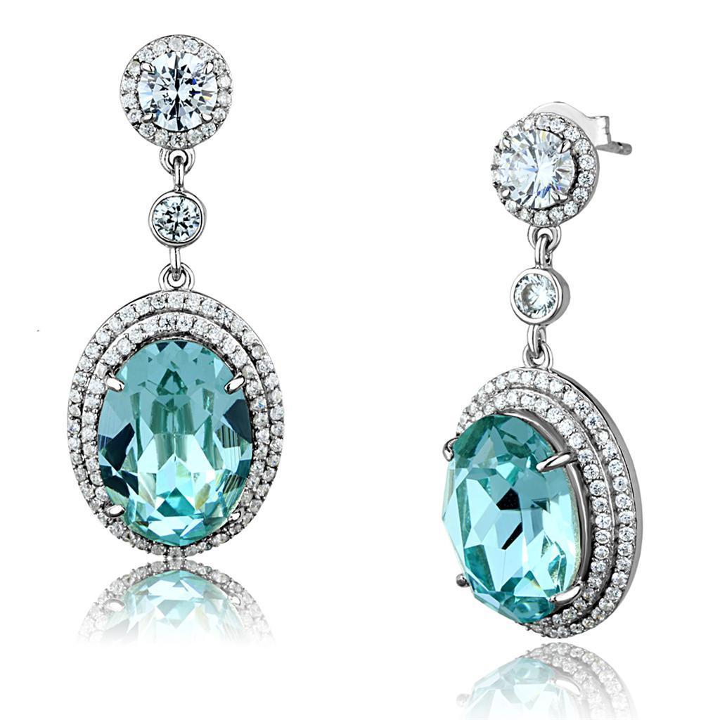 TS508 - Rhodium 925 Sterling Silver Earrings with Top Grade Crystal in Sea Blue