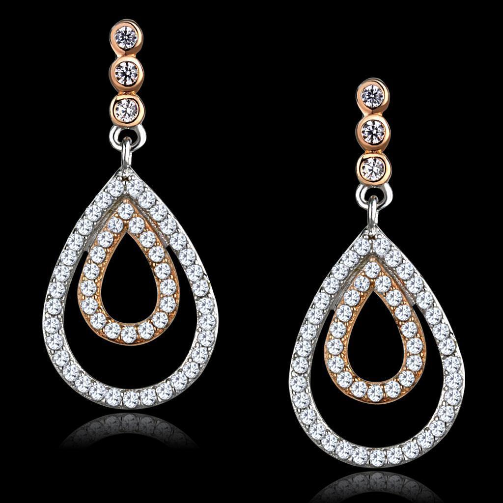 TS548 - Rose Gold + Rhodium 925 Sterling Silver Earrings with AAA Grade CZ in Clear