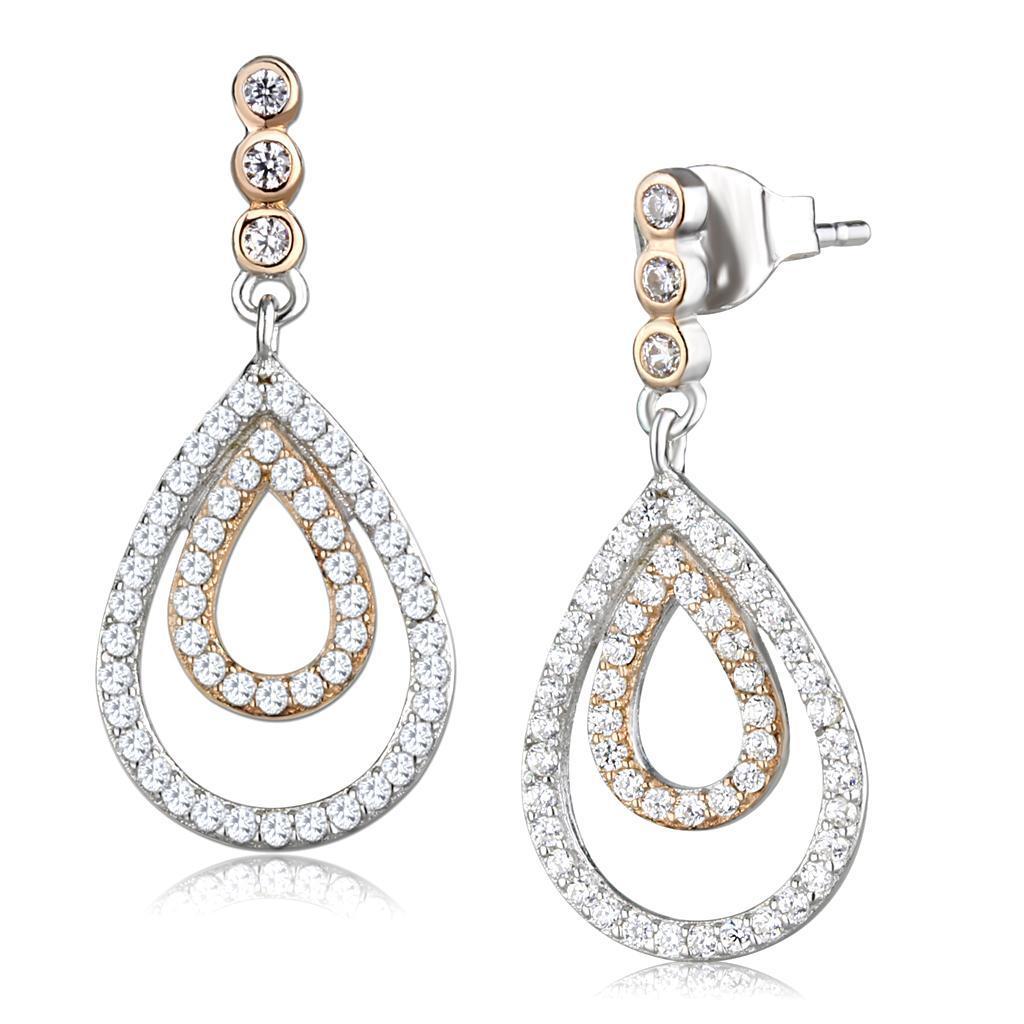 TS548 - Rose Gold + Rhodium 925 Sterling Silver Earrings with AAA Grade CZ in Clear