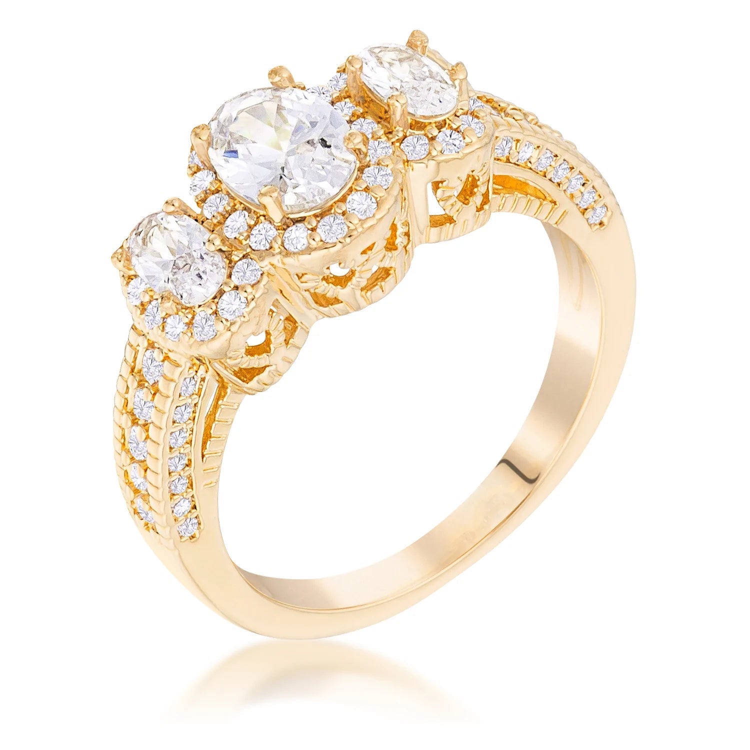 Gold Plated 3-Stone Clear Oval Cut CZ Halo Ring, <b>Size 5</b>