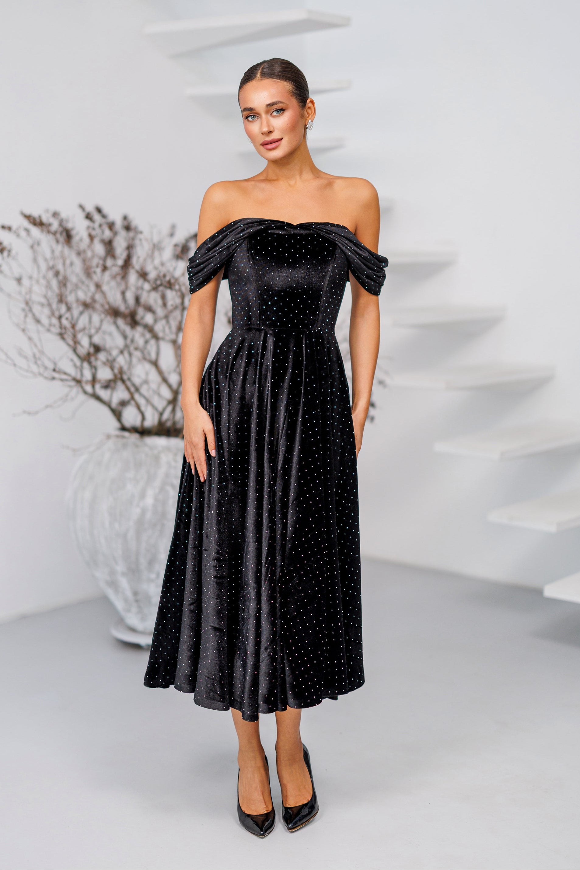 Mirella Black Velvet Off-Shoulder Rhinestone Midi Dress
