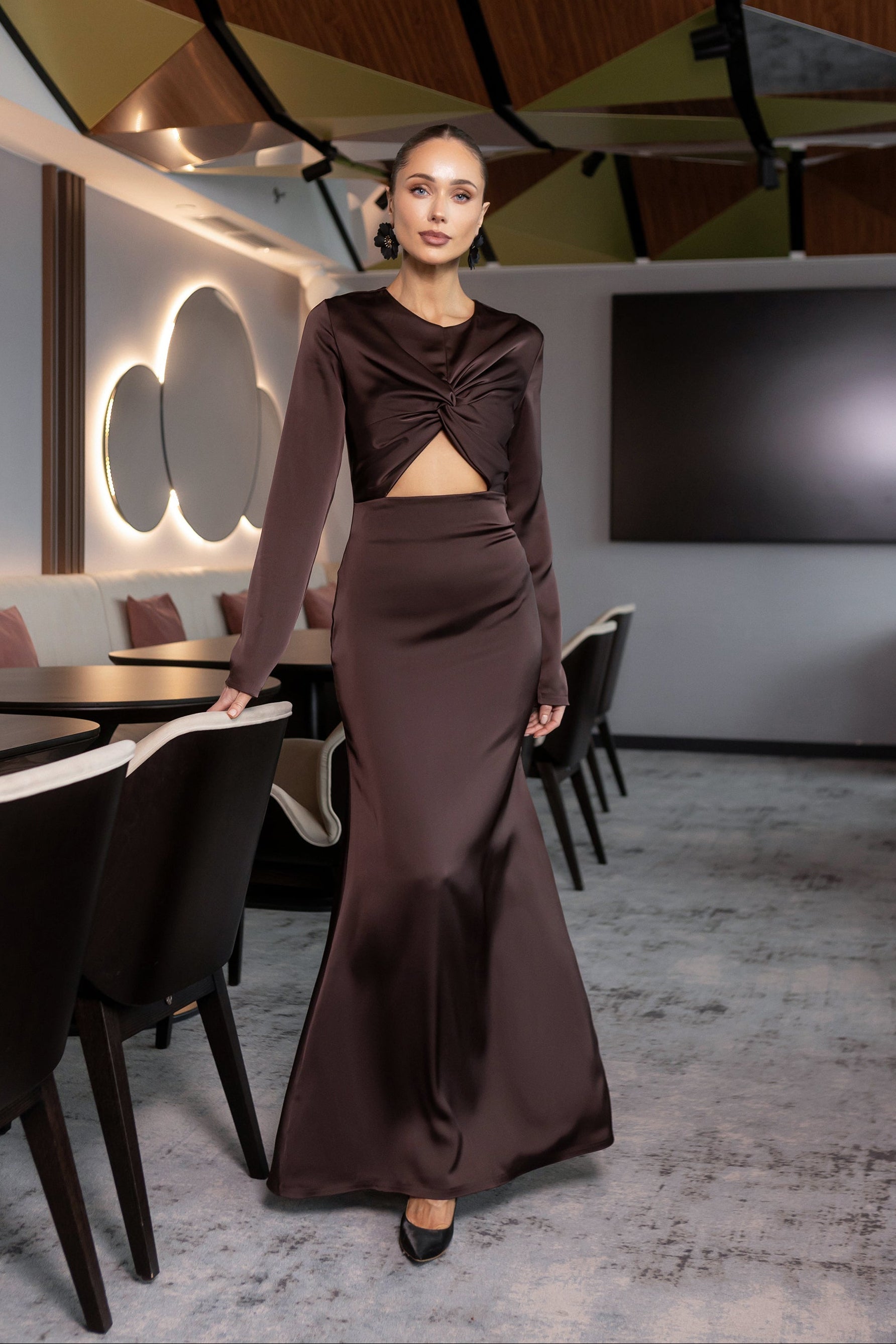 Aurora Brown Satin Long-Sleeve Cut-Out Maxi Dress