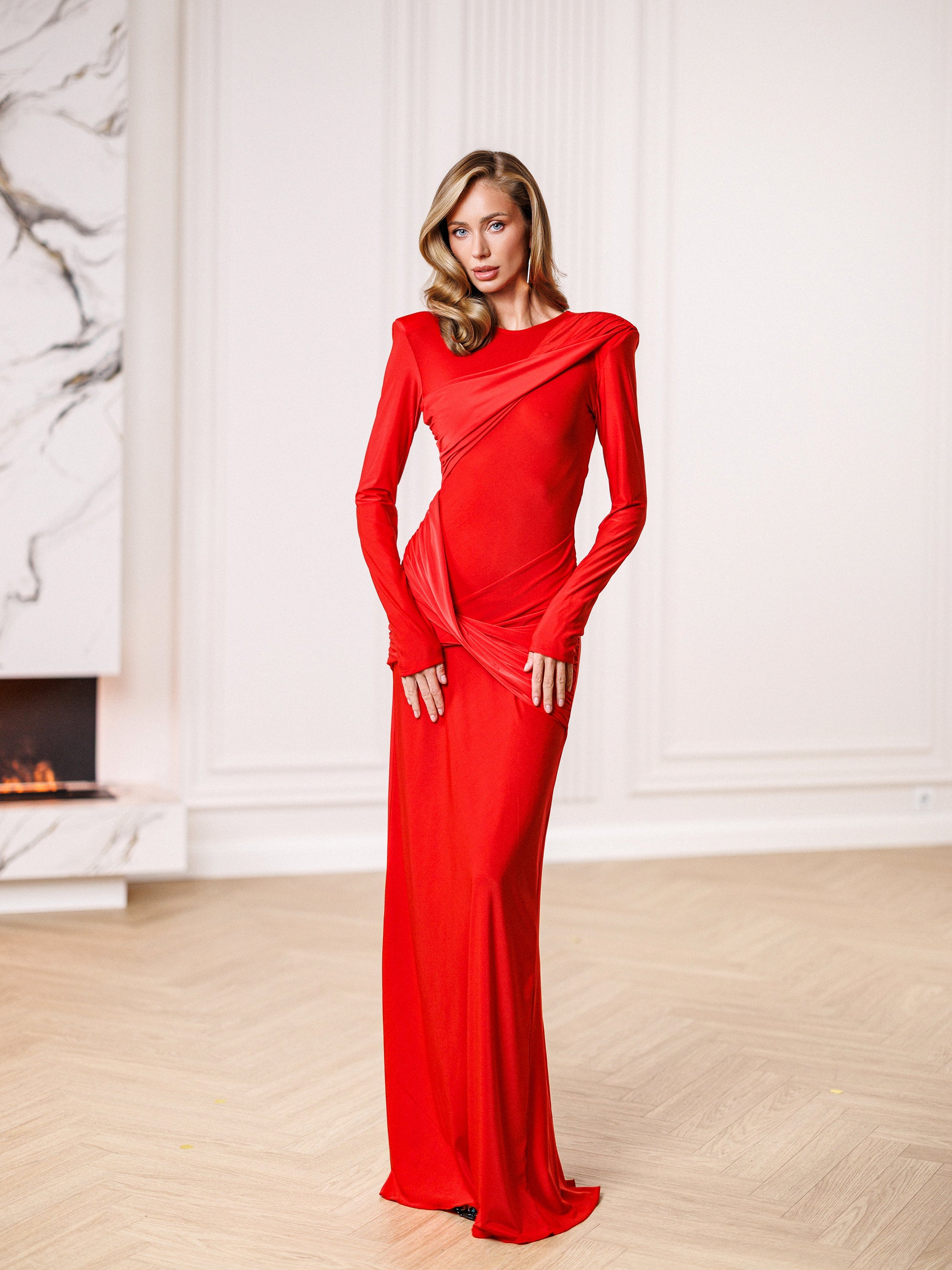 Chiara Red Asymmetric Draped Open-Back Maxi Dress