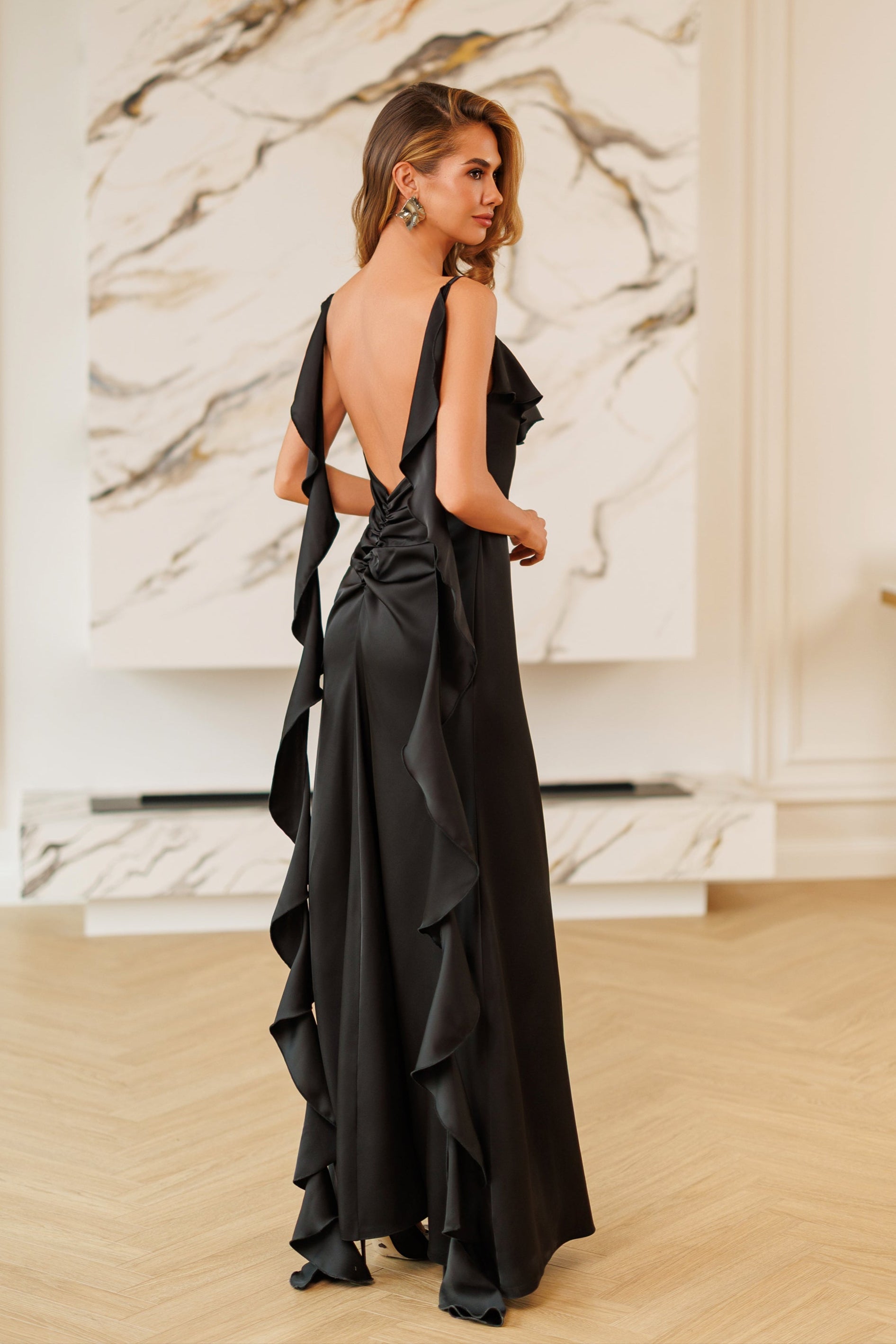 Fiamma Black Ruffle-Trim Open-Back Satin Maxi Dress