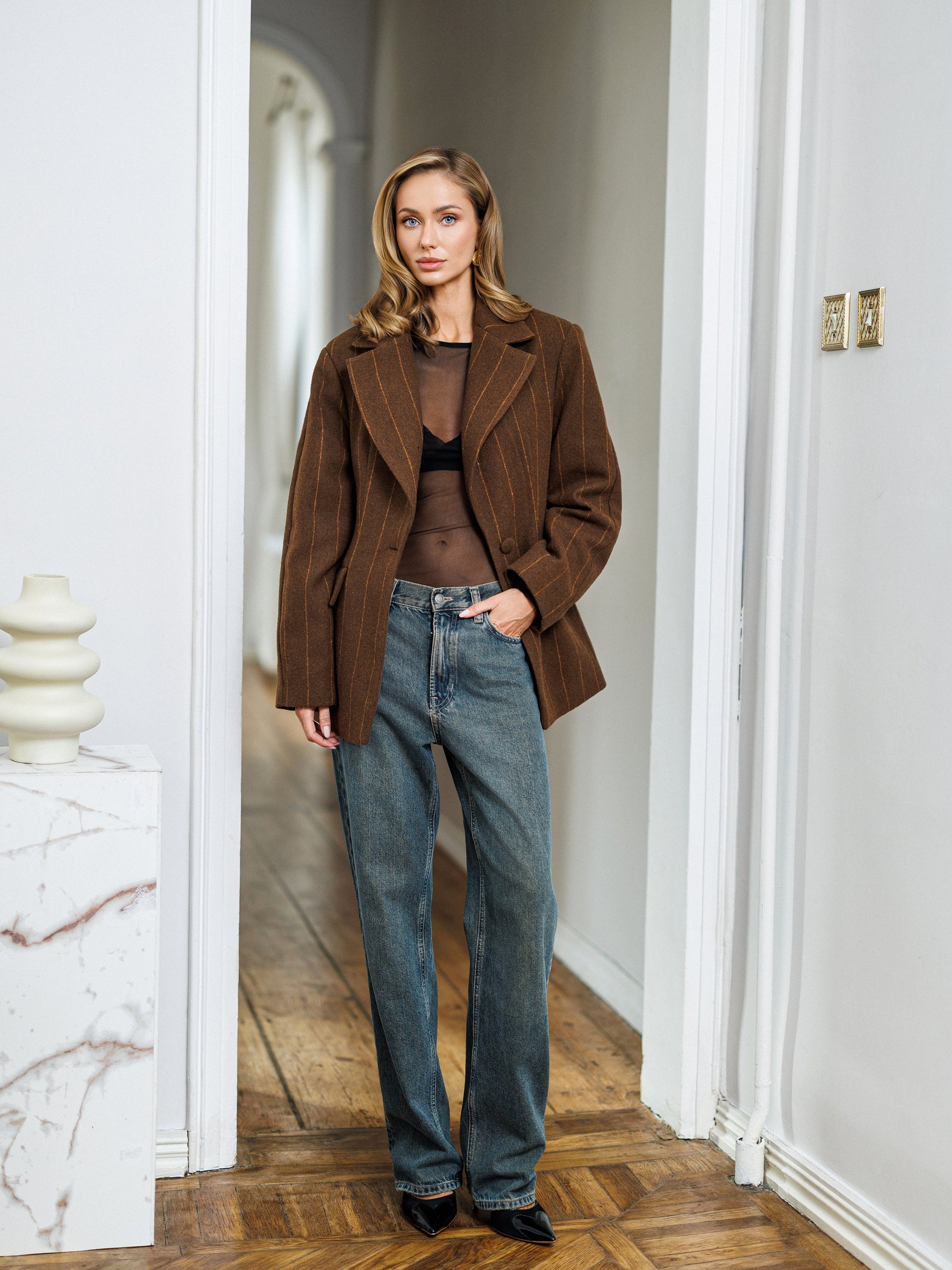 Sofia Brown Striped Cashmere Wool Single-Breasted Blazer