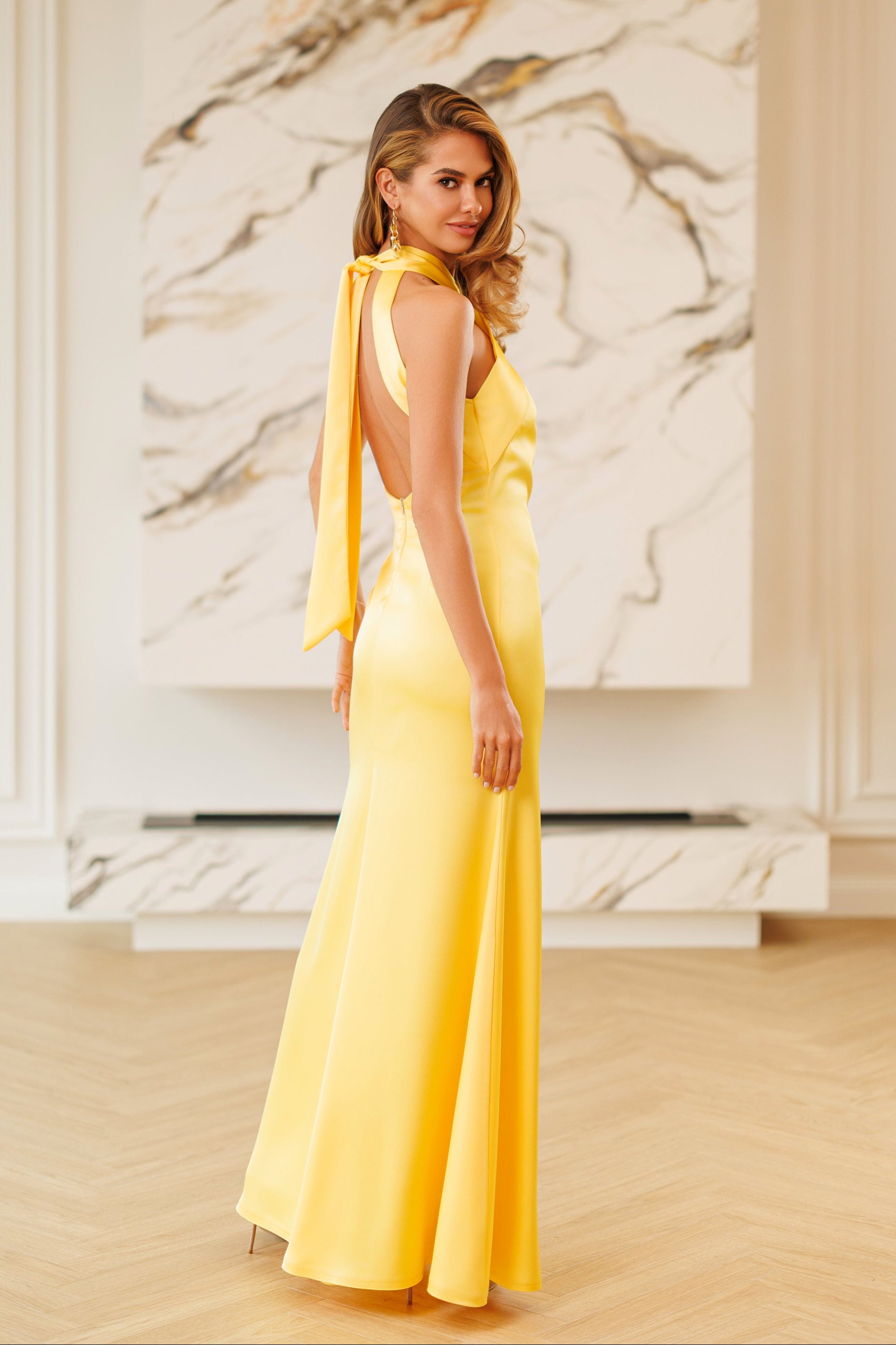Adriana Yellow Satin Halter-Neck Open-Back Maxi Dress