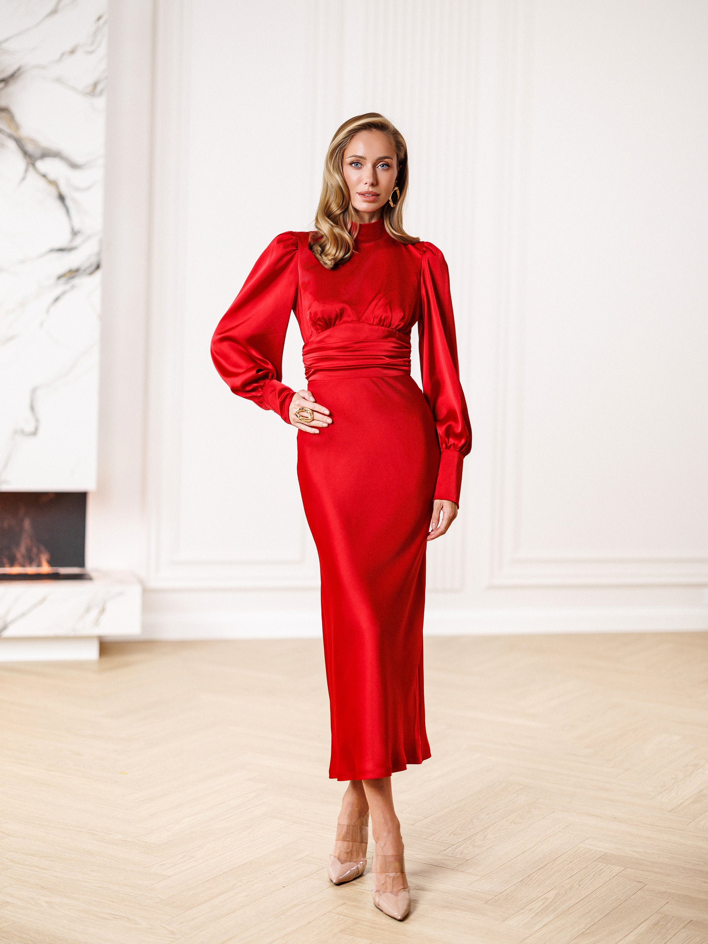Aurora Red Turtleneck Puff-Sleeve Satin Midi Dress