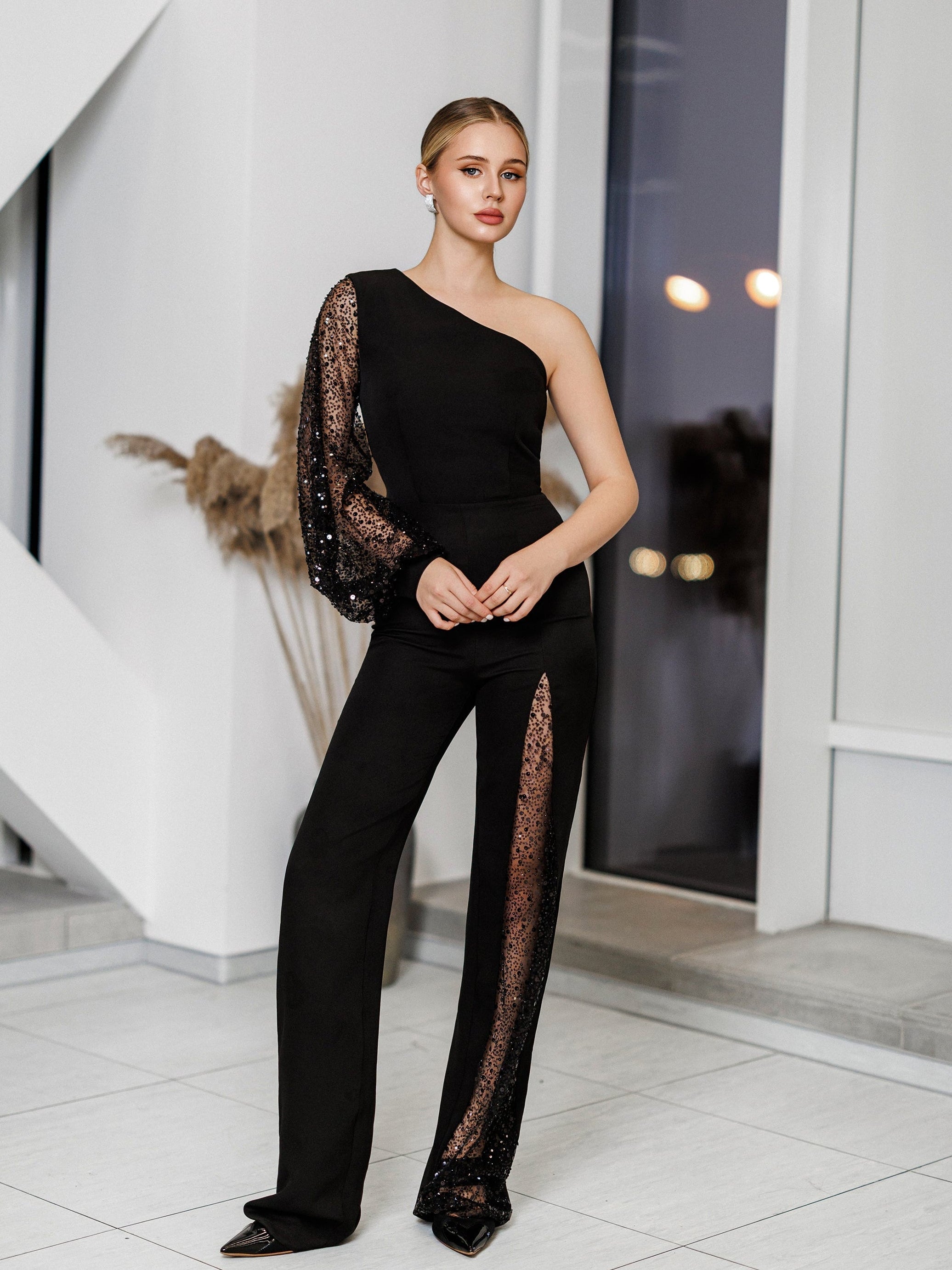 Beatrice Black One-Shoulder Asymmetric Sequin Jumpsuit
