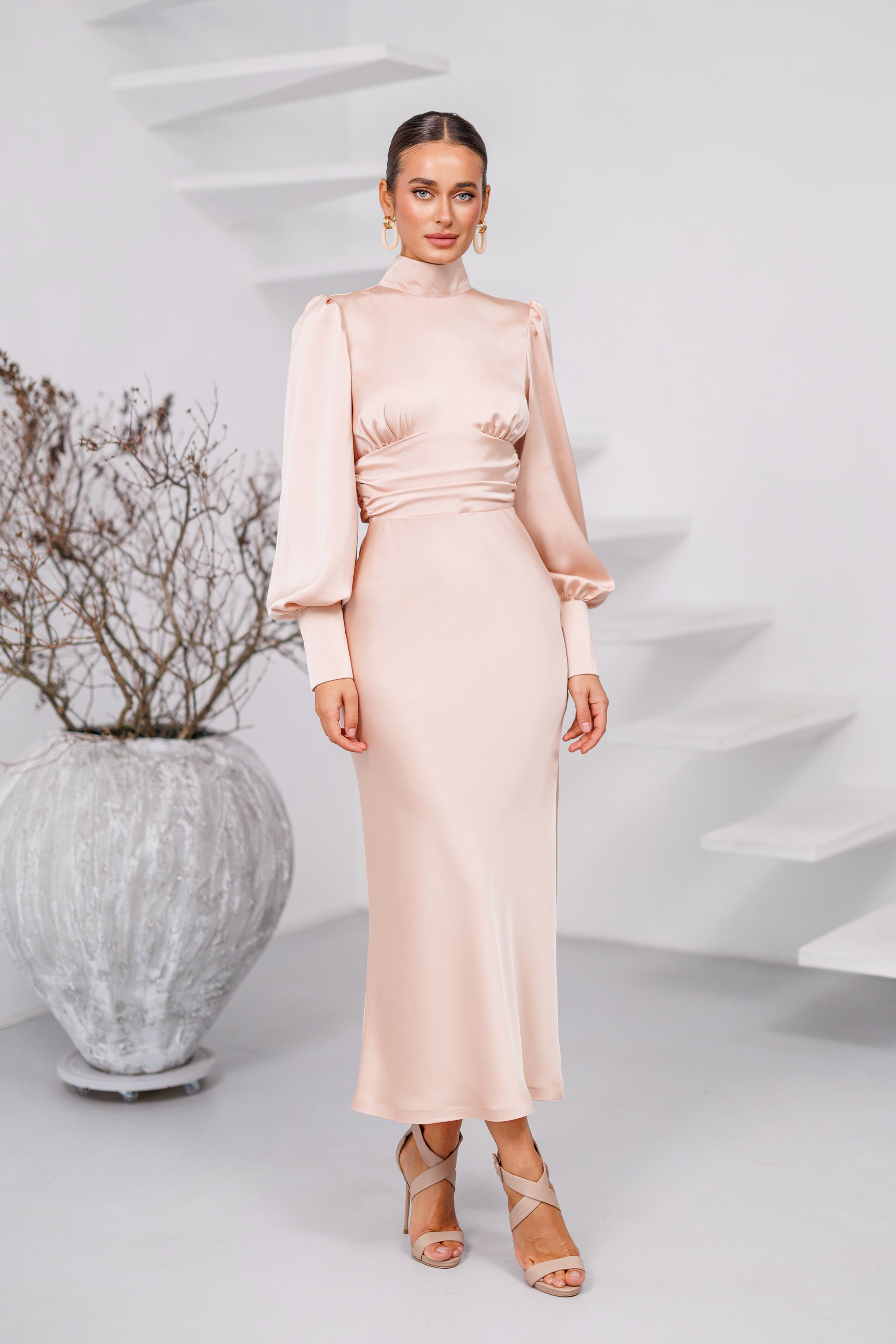 Aurora Dusty Pink Satin Puff-Sleeve Turtleneck Midi Dress