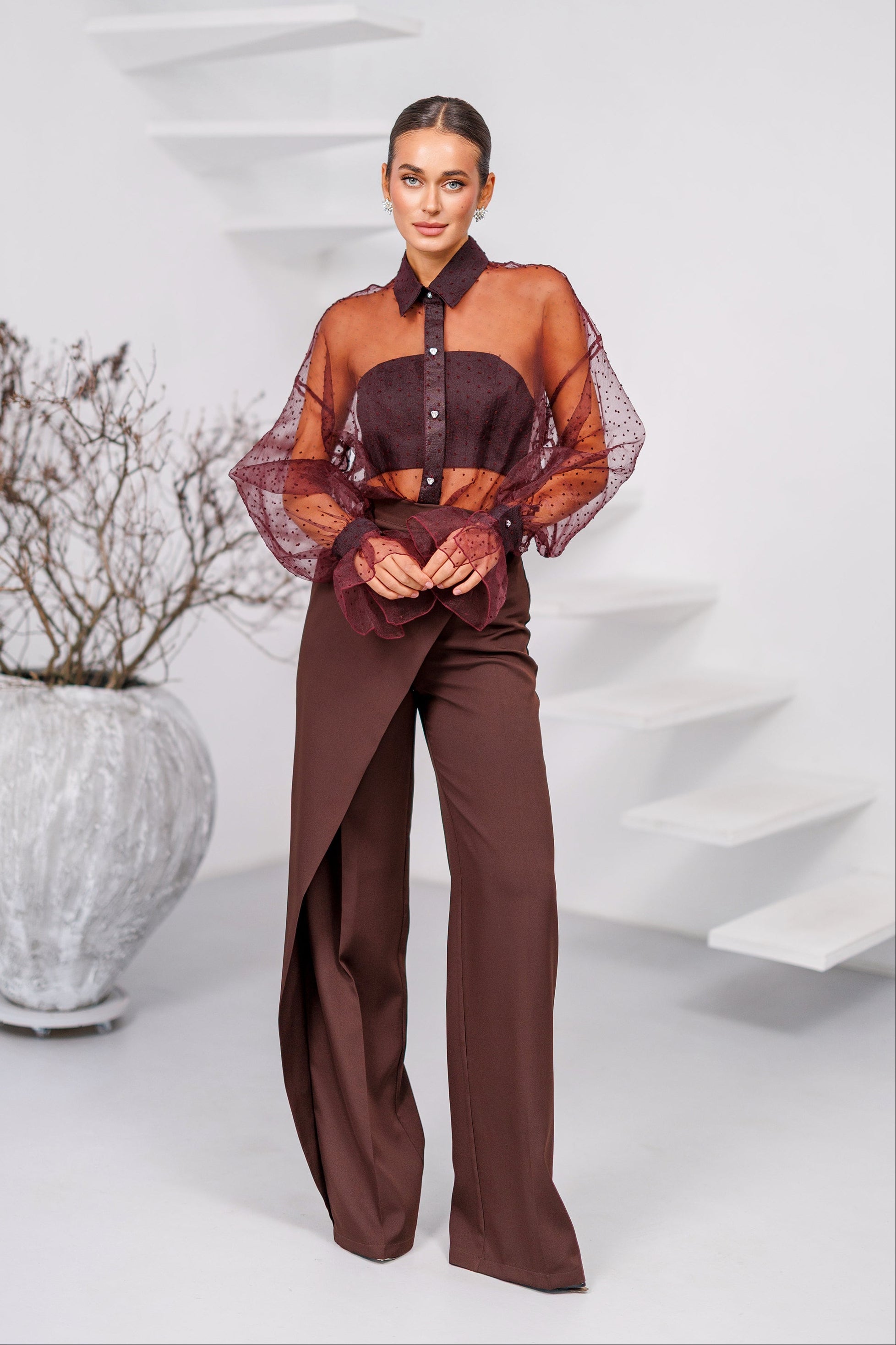 Chiara Brown Wrap High-Waist Wide-Leg Pants