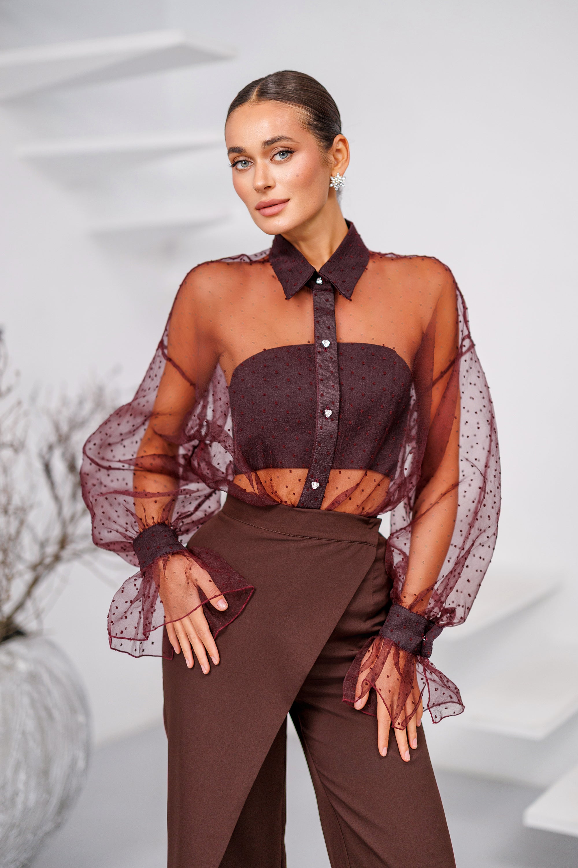 Eleonora Bordeaux Sheer Organza Polka-Dot Blouse