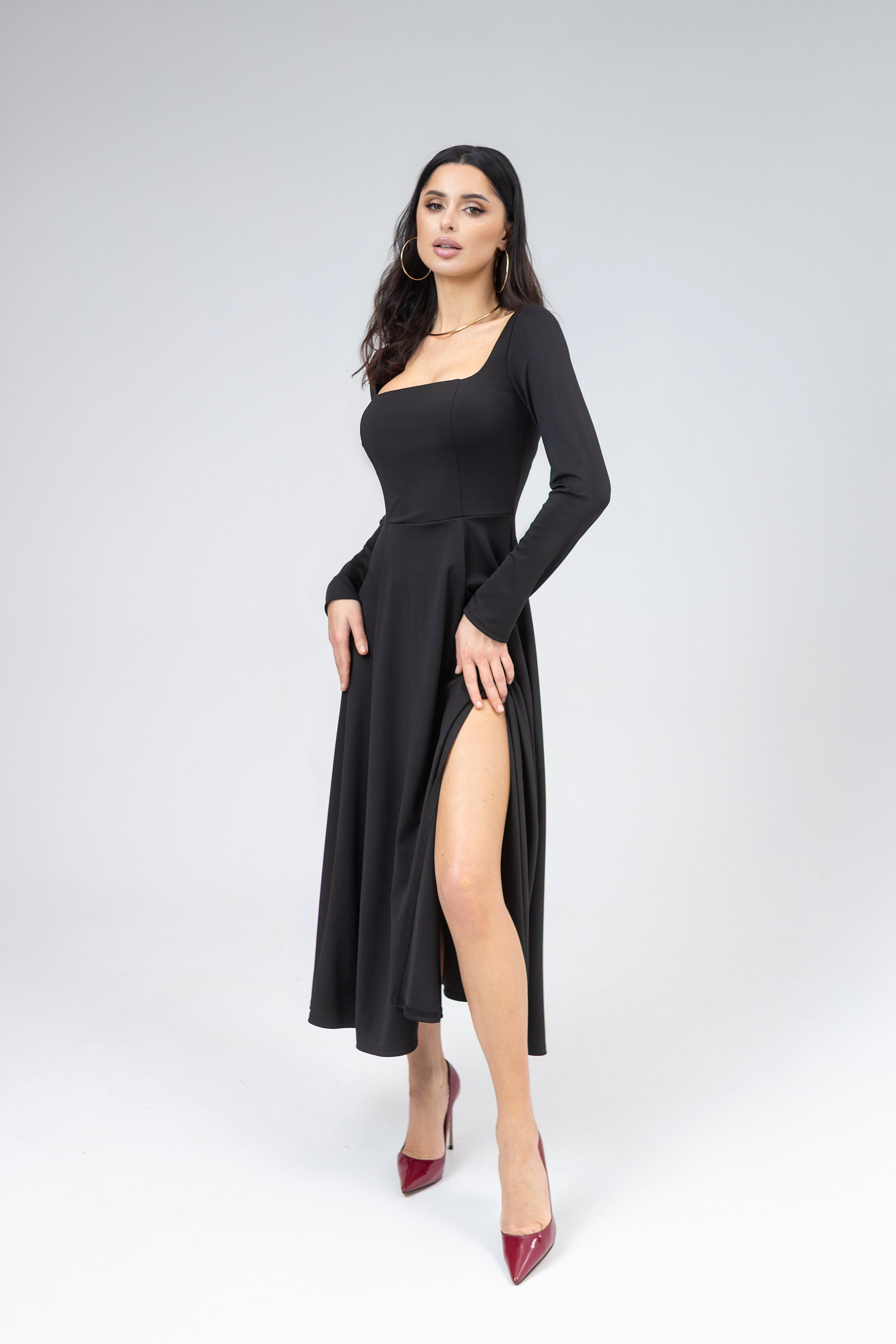 Ginevra Black Square-Neck Puff-Sleeve High-Slit Midi Dress