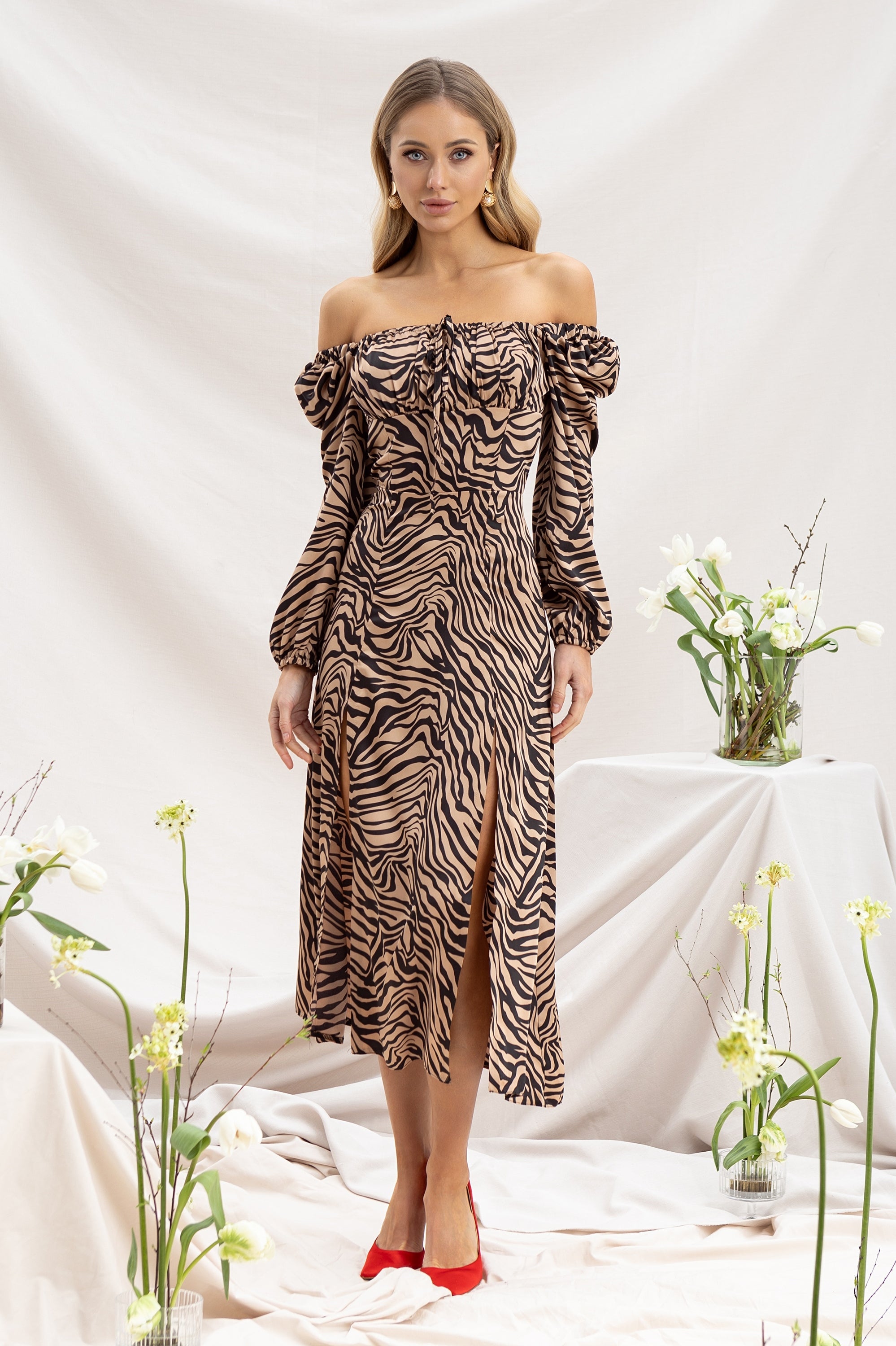 Isabella Coffee Polka-Dot Puff-Sleeve Midi Dress