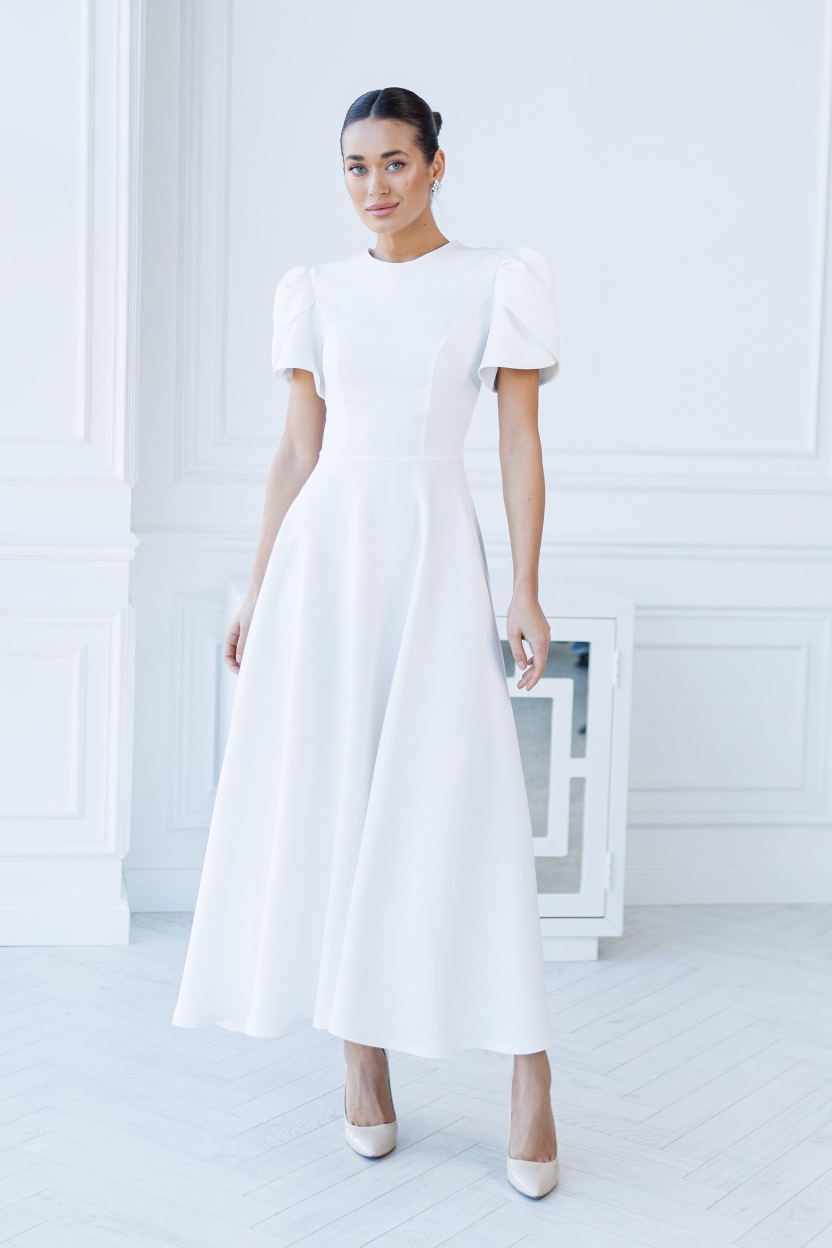 Aurora White Round-Neck Puff-Sleeve Midi Dress