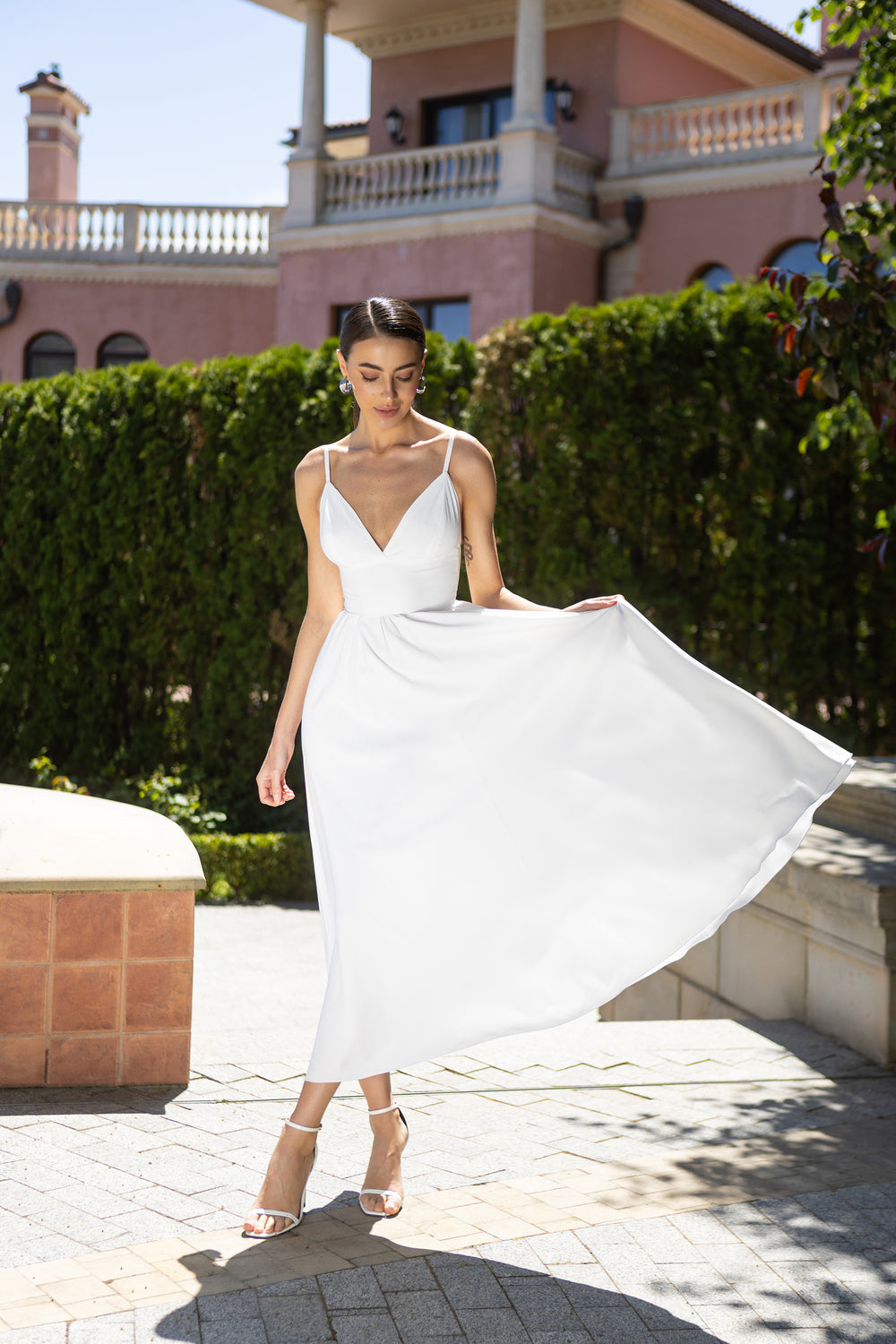 Eleonora White V-Neck Crepe Slip Dress
