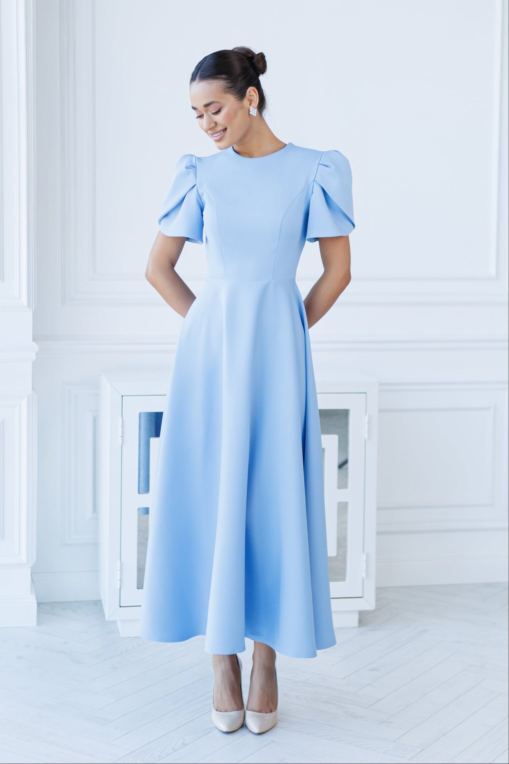 Aurora Sky-Blue Round-Neck Puff-Sleeve Midi Dress