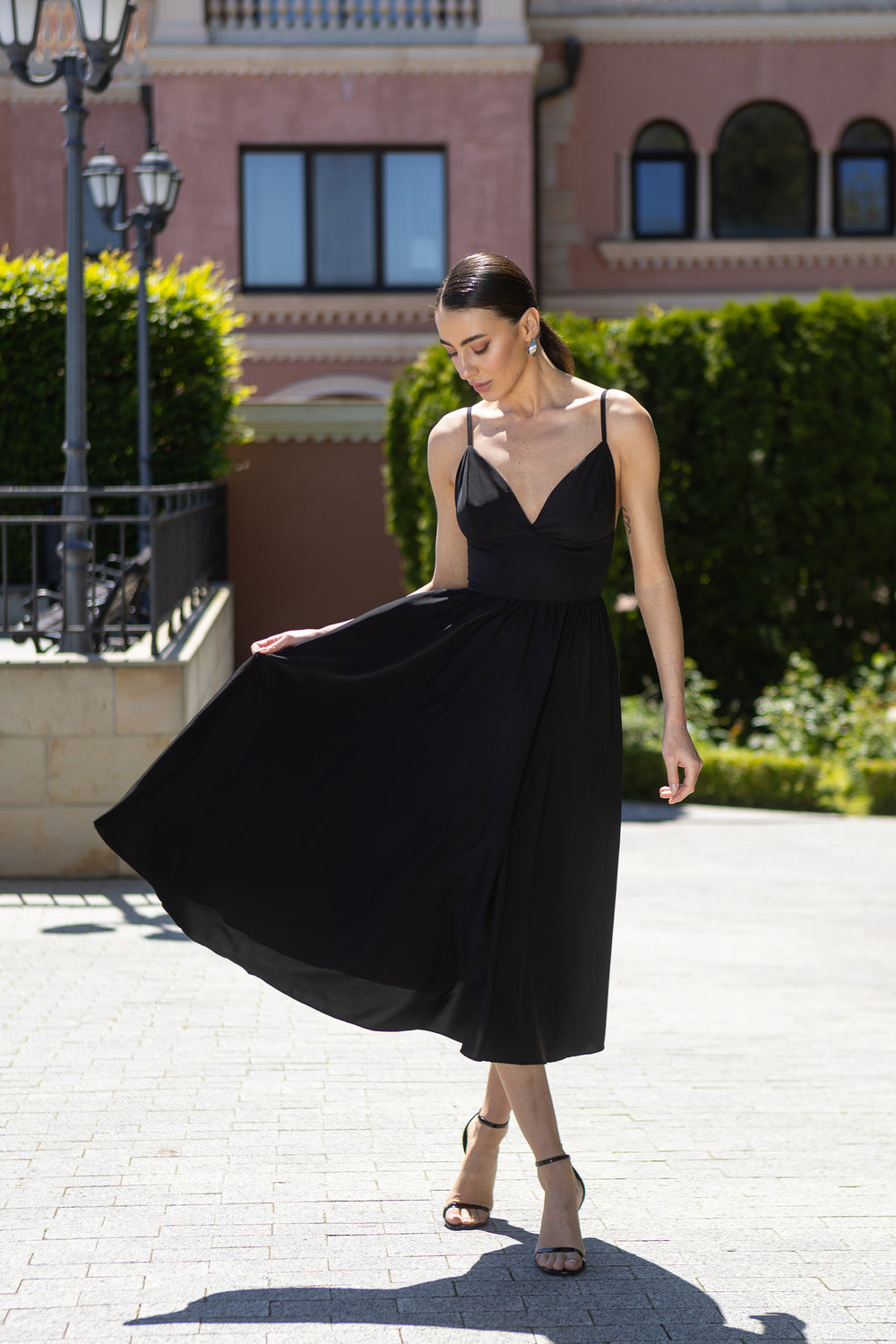 Eleonora Black V-Neck Crepe Slip Dress
