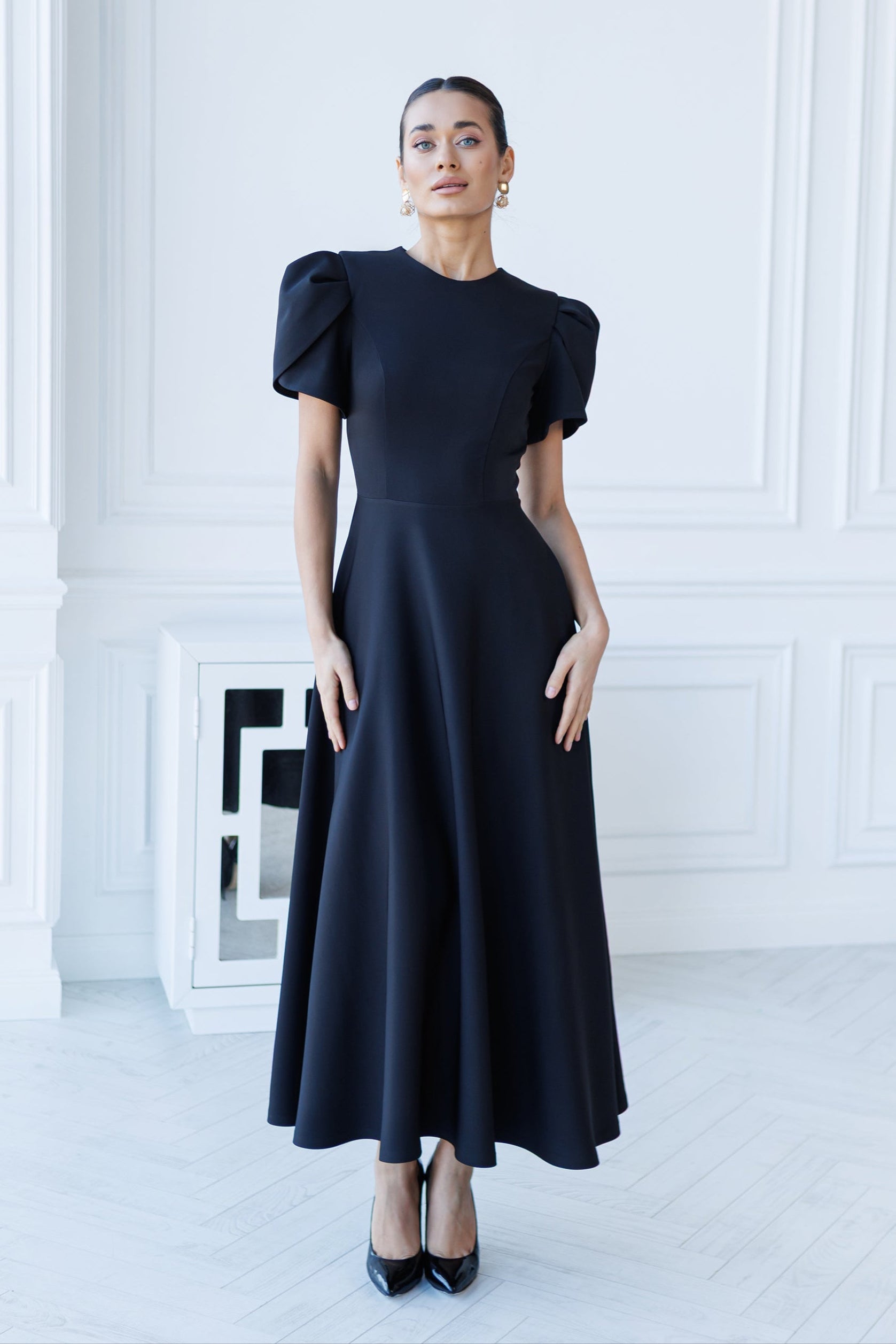 Aurora Black Round-Neck Puff-Sleeve Midi Dress