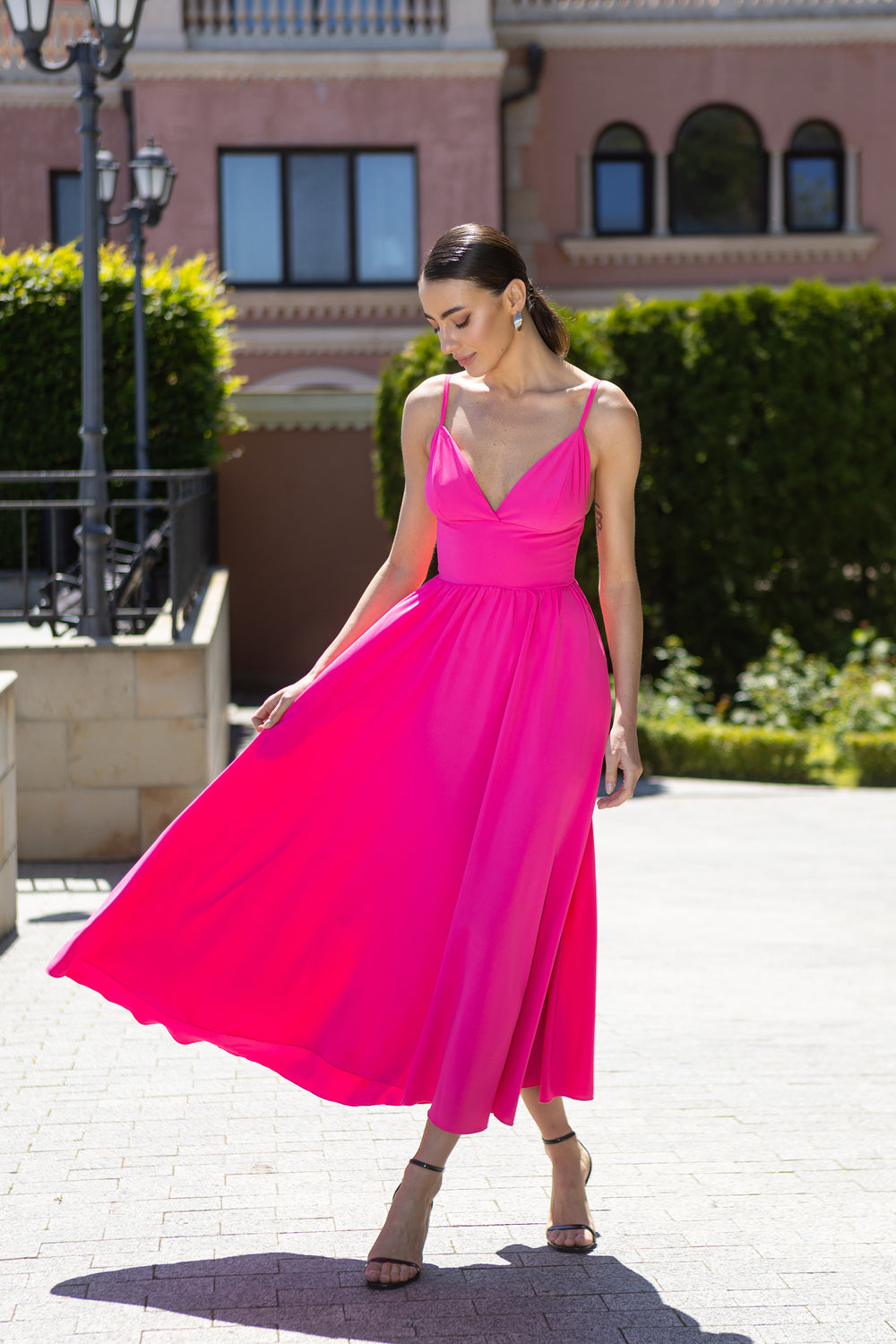 Eleonora Crimson V-Neck Crepe Slip Midi Dress