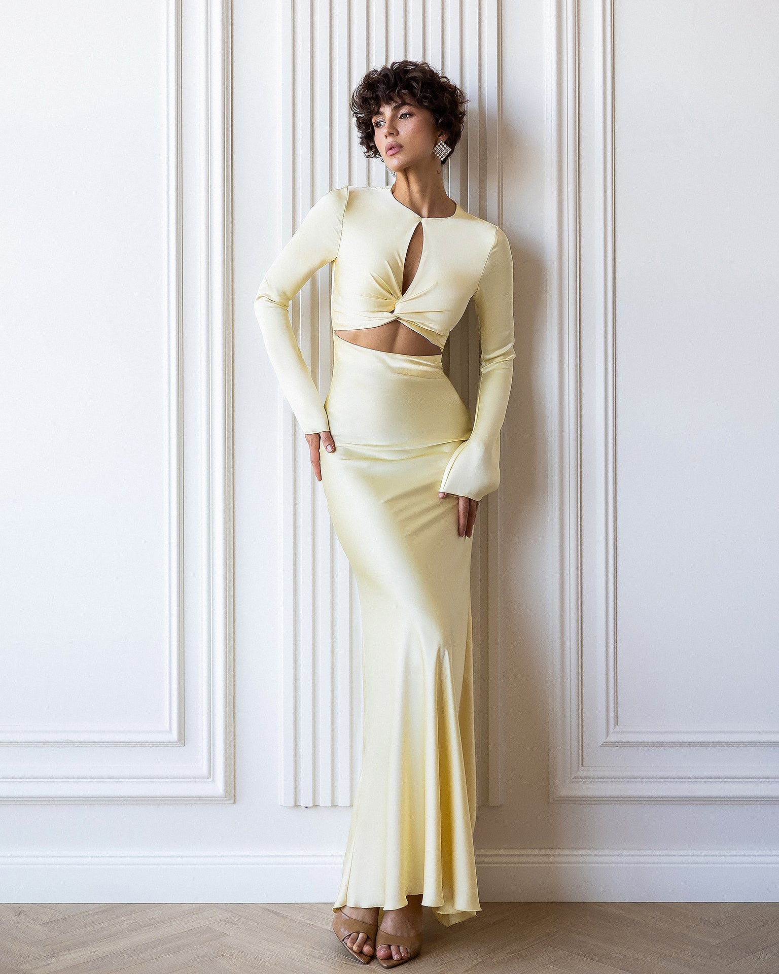 Adriana Yellow Satin Twist-Front Cut-Out Maxi Dress
