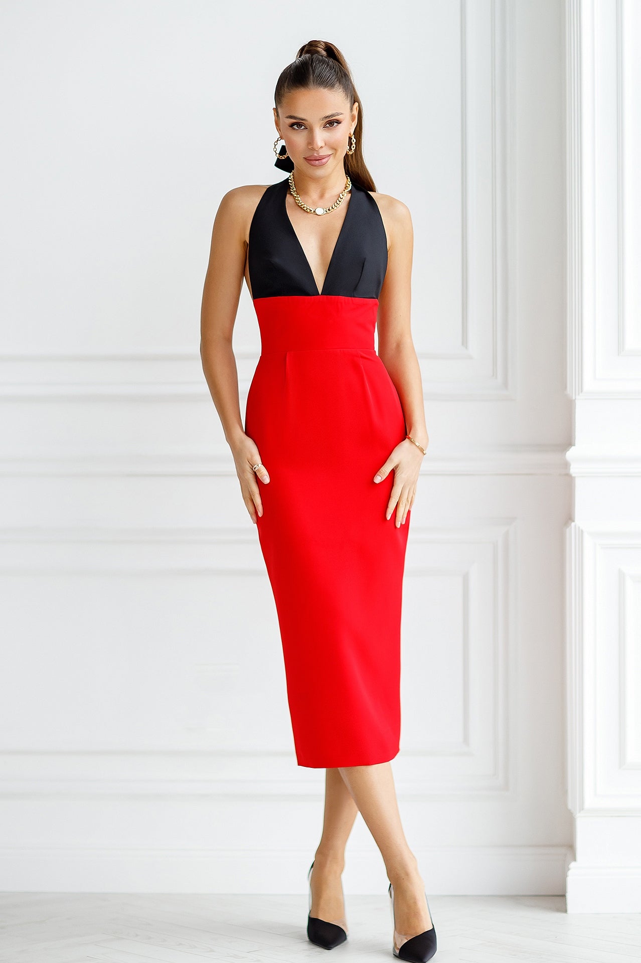 Fiamma Red-Black Backless Halter Midi Dress