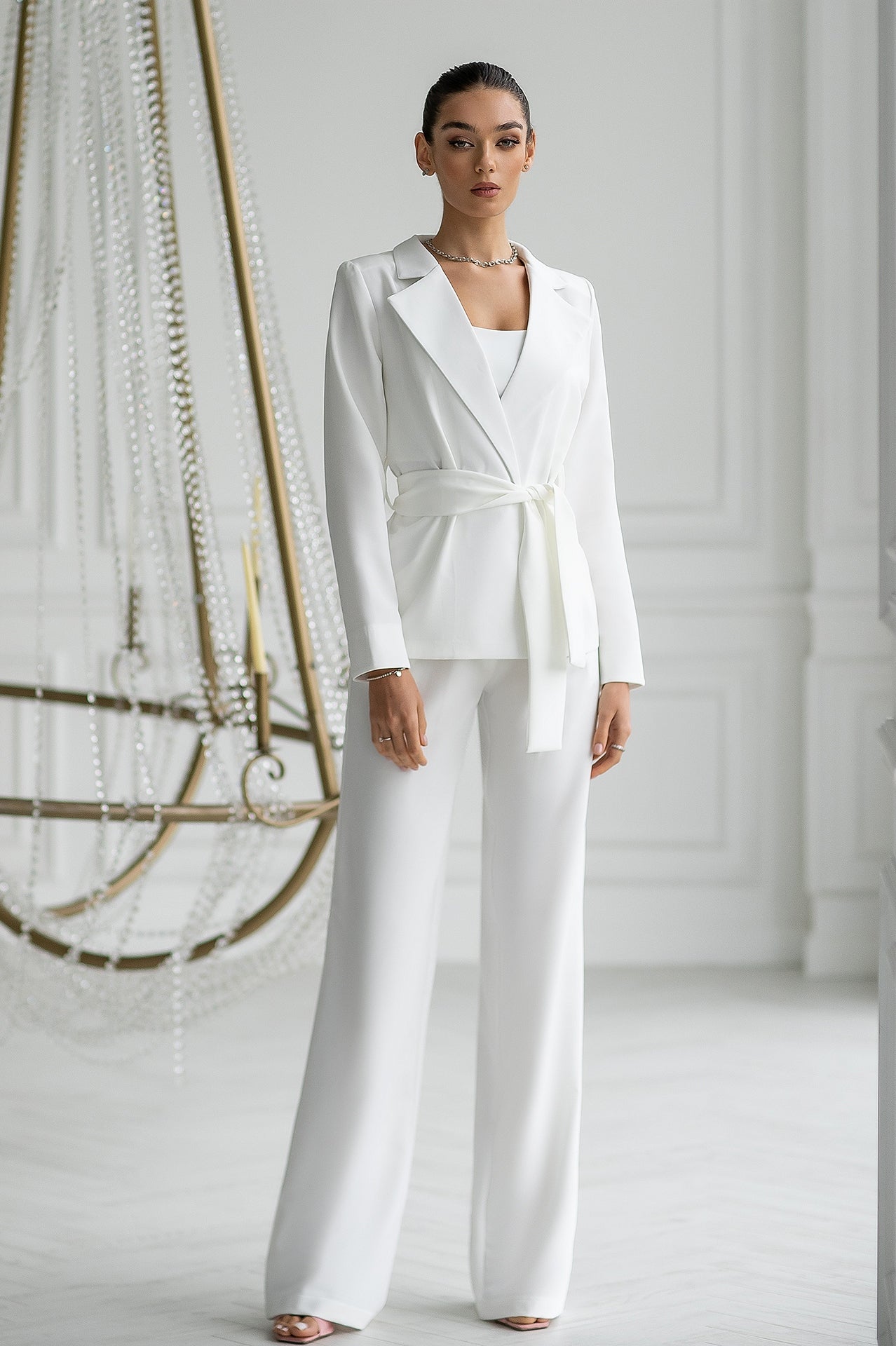 Adriana White Belted Wide-Leg Three-Piece Suit