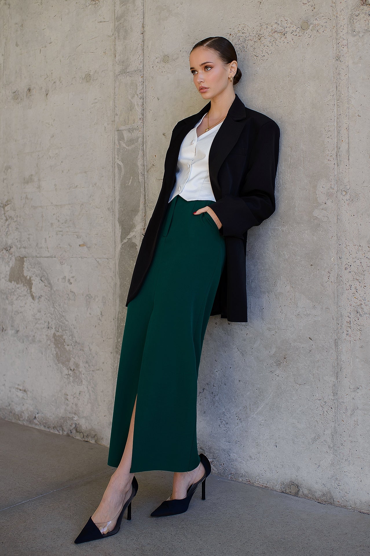 Lorenza Emerald High-Rise Front-Slit Crepe Midi Skirt