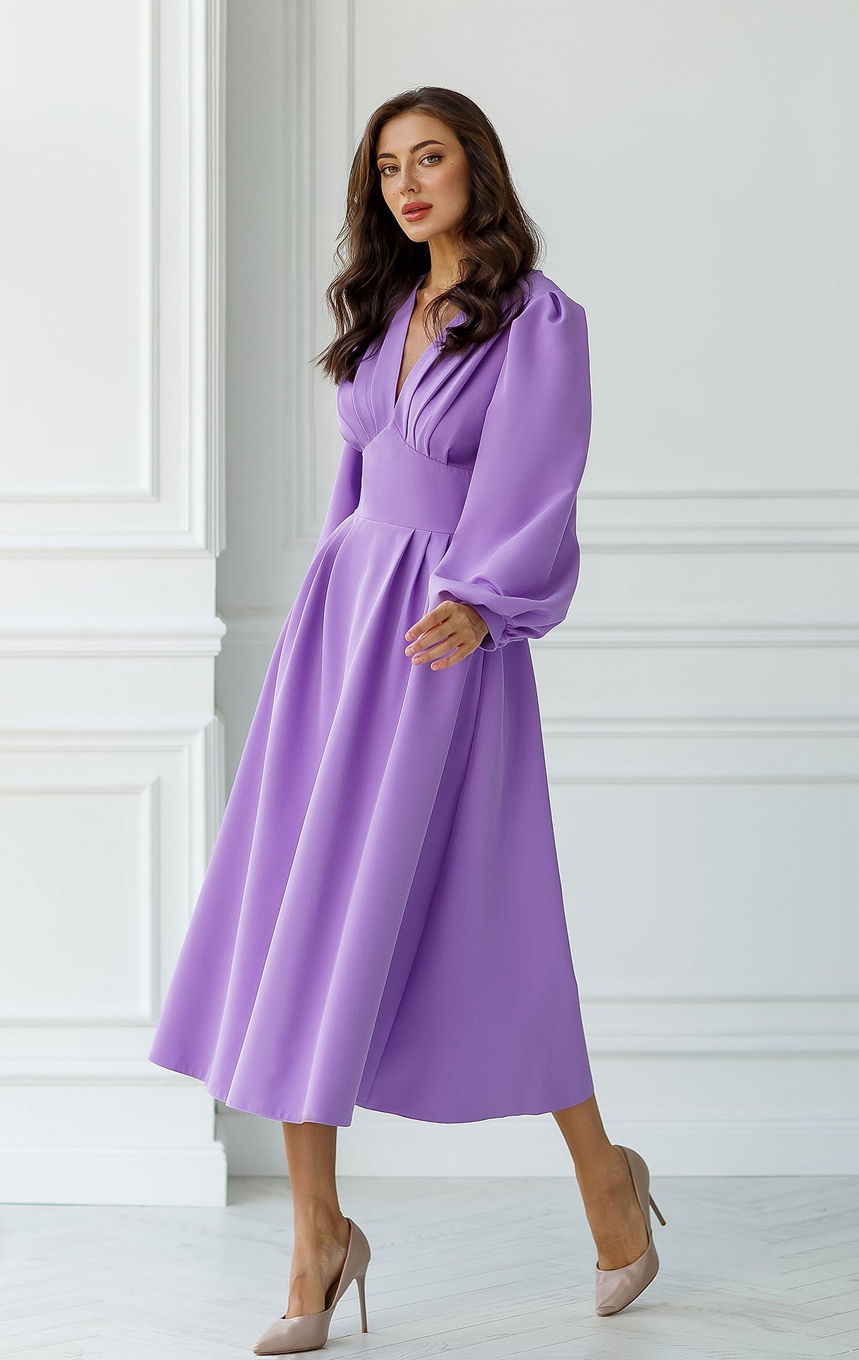 Adriana Purple V-Neck Puff Sleeve Midi Dress