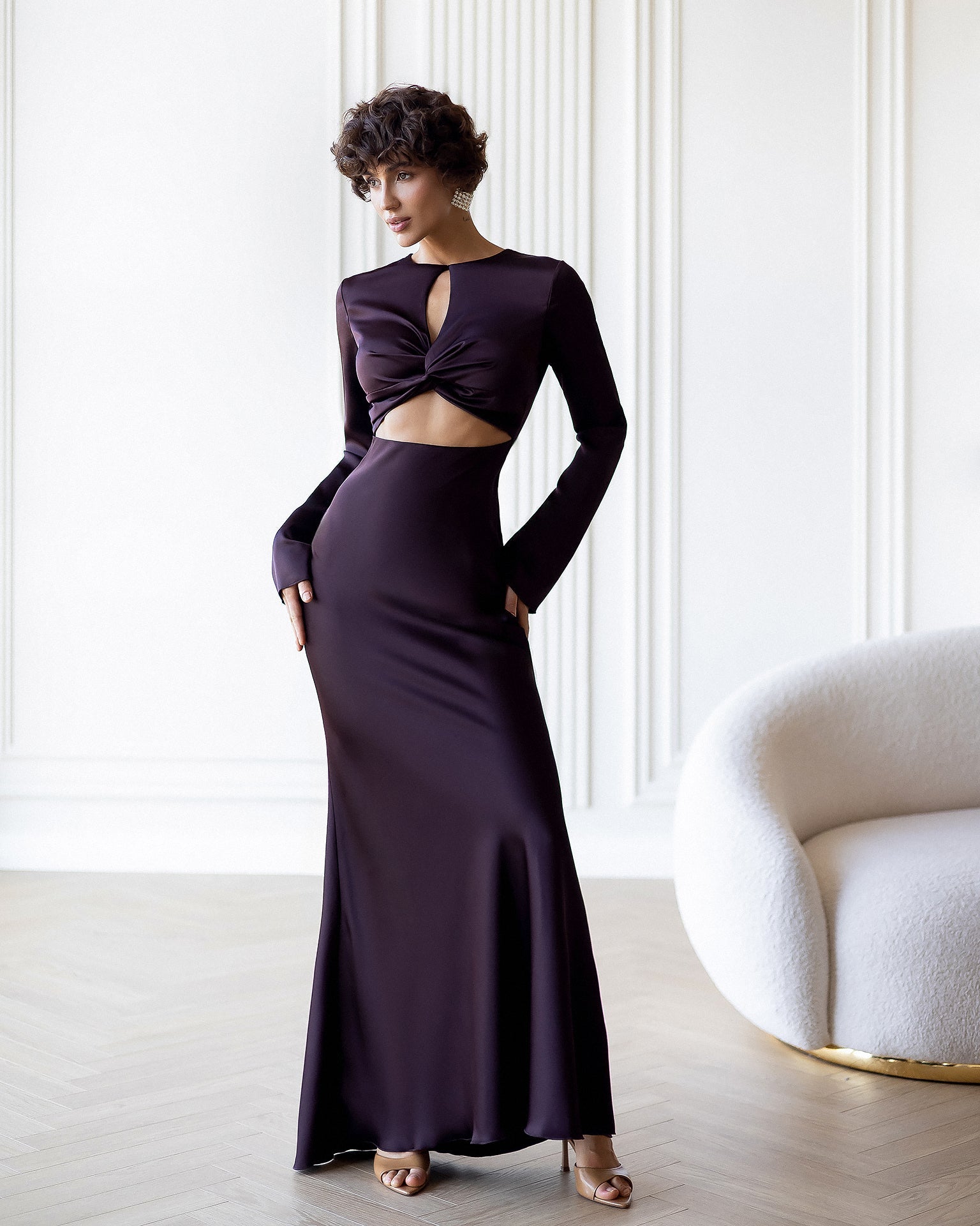 Adriana Brown Satin Twist-Front Cut-Out Maxi Dress