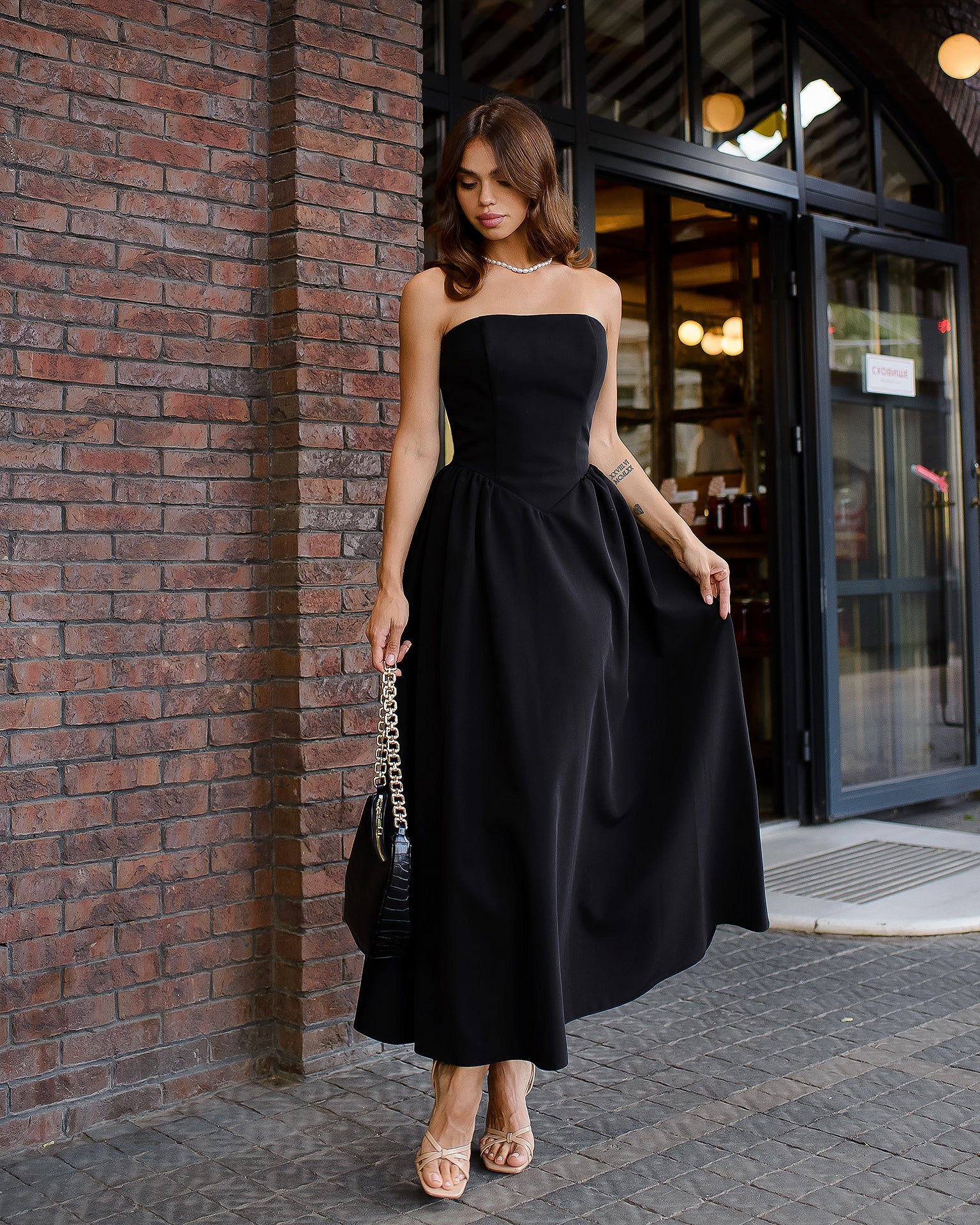 Beatrice Black Strapless Corseted Midi Dress