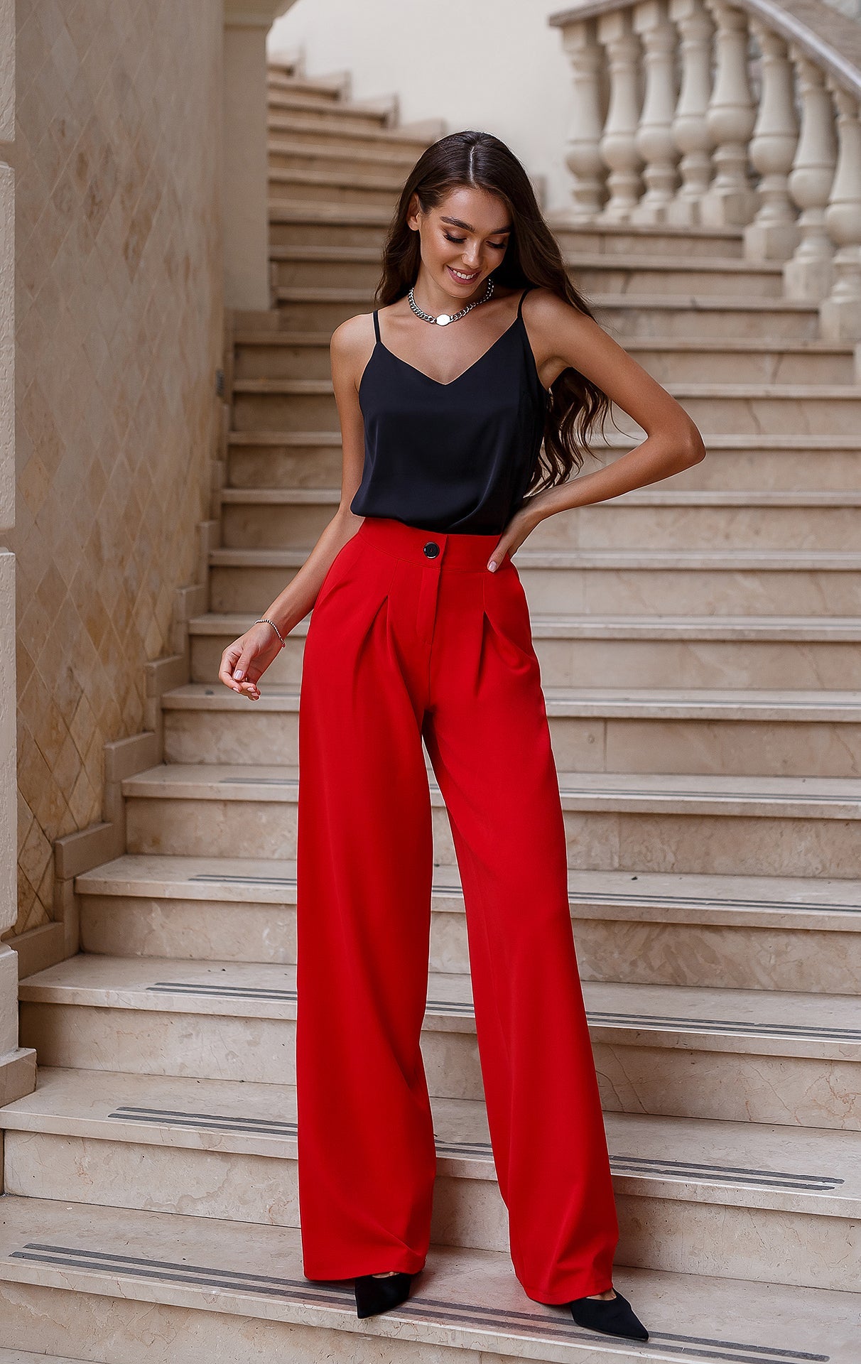 Adriana Red High Waist Wide-Leg Palazzo Pants