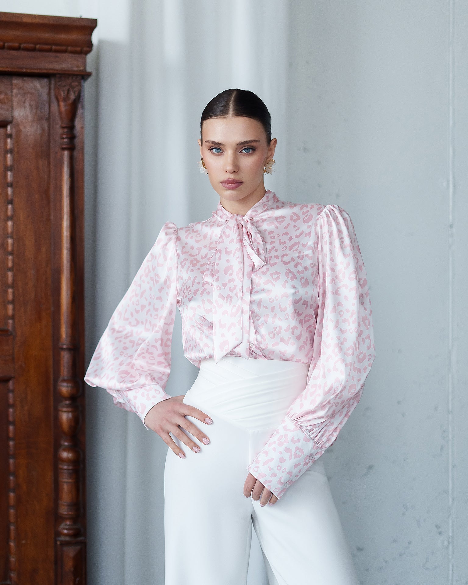 Fiamma Pink Satin Bow-Neck Puff Sleeve Blouse