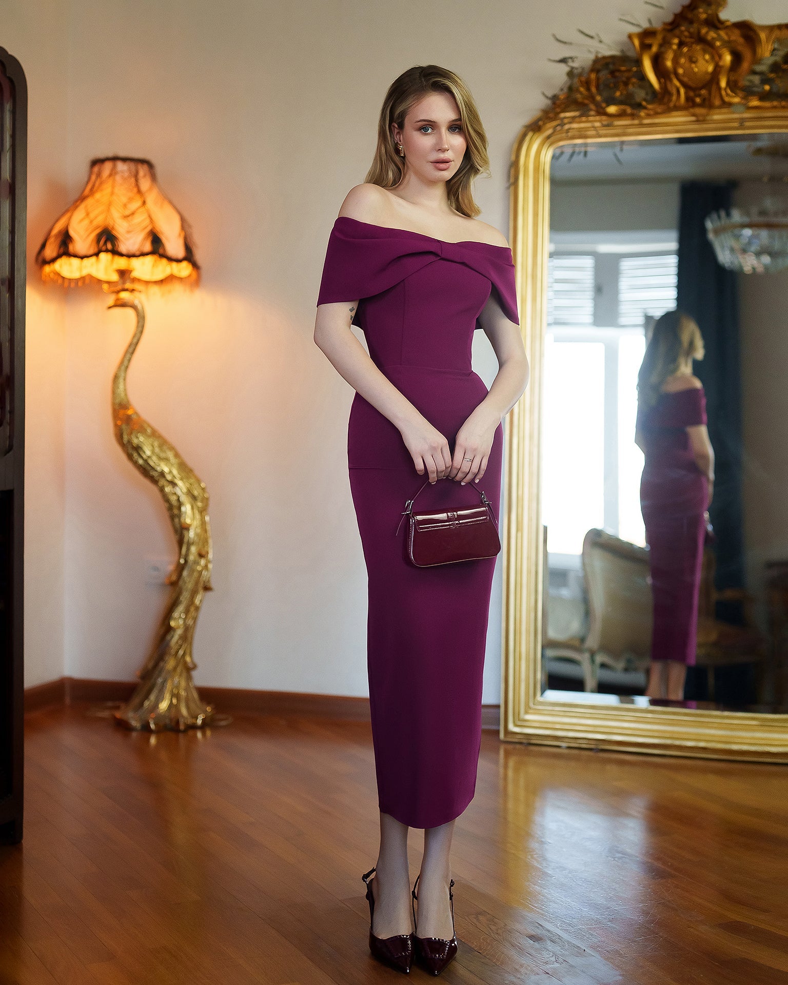 Adriana Bordeaux Off-The-Shoulder Crepe Midi Dress