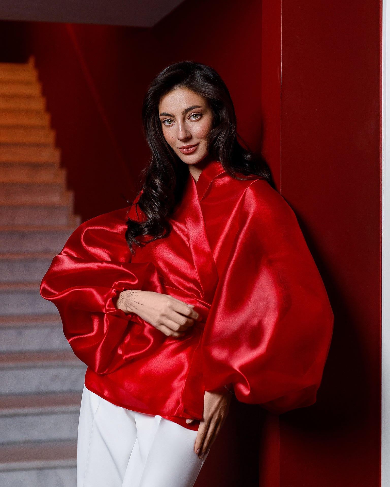 Beatrice Red Shawl-Collar Puff-Sleeve Belted Tunic Blouse