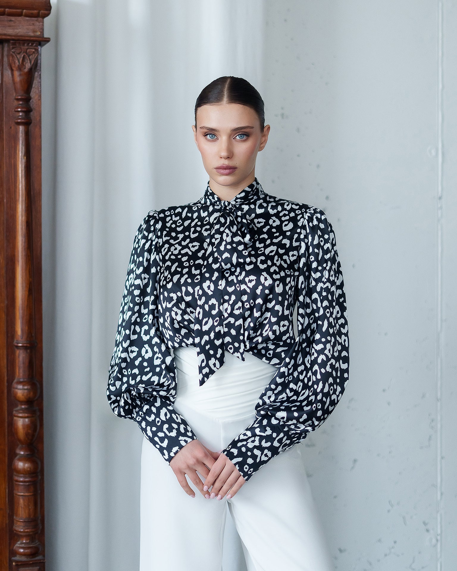 Fiamma Black-White Satin Bow-Neck Puff Sleeve Blouse