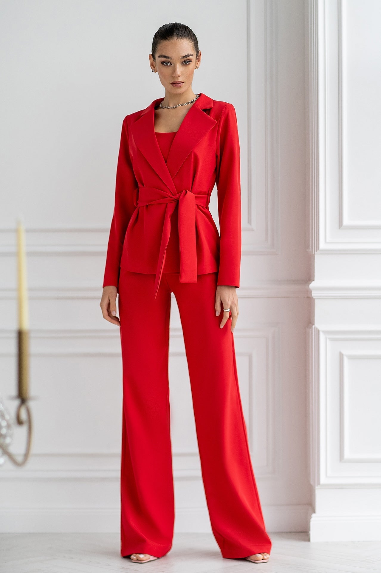Adriana Red Belted Wide-Leg Three-Piece Suit