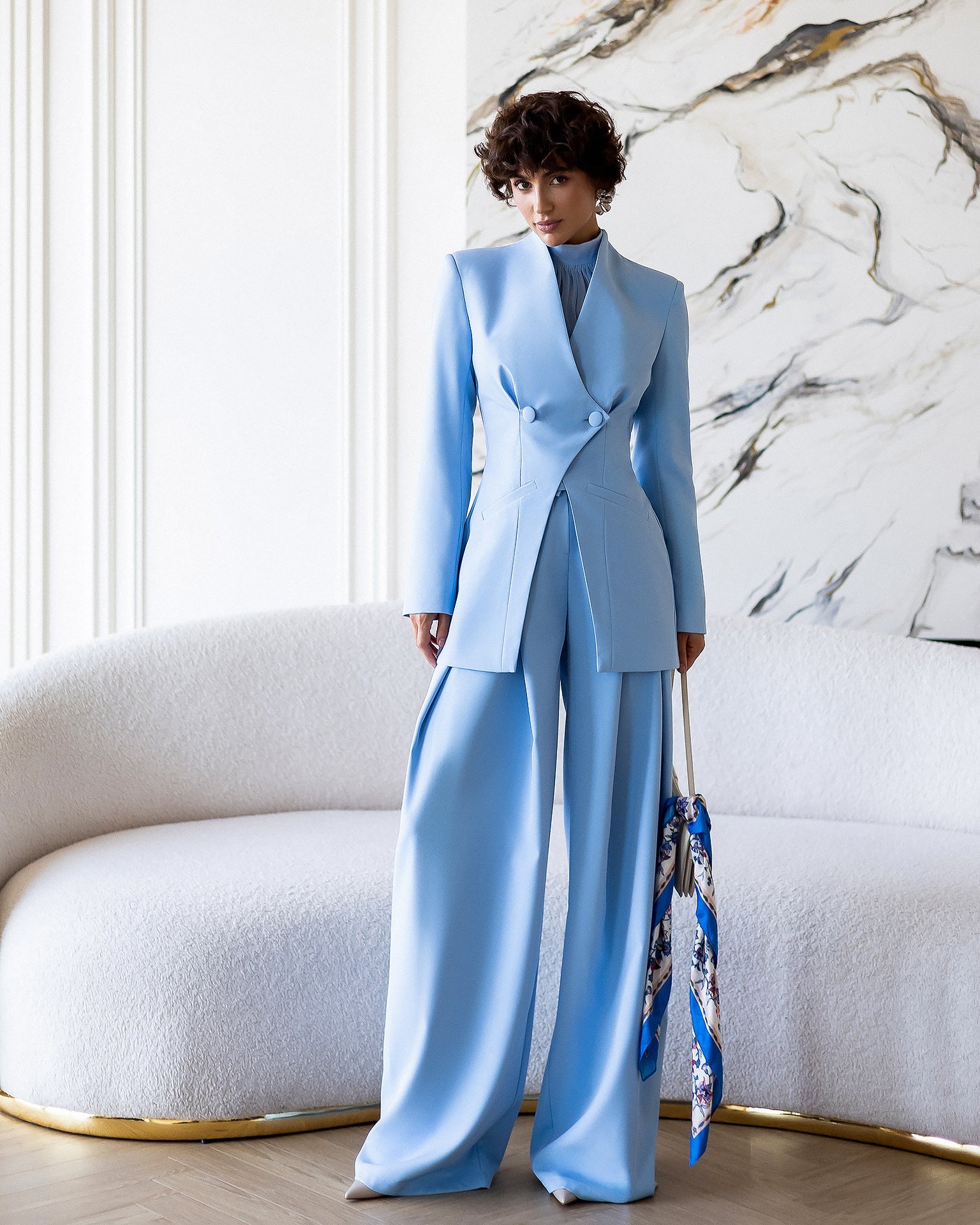 Eleonora Sky-Blue Asymmetric Double-Breasted Longline Blazer Two-Piece Suit