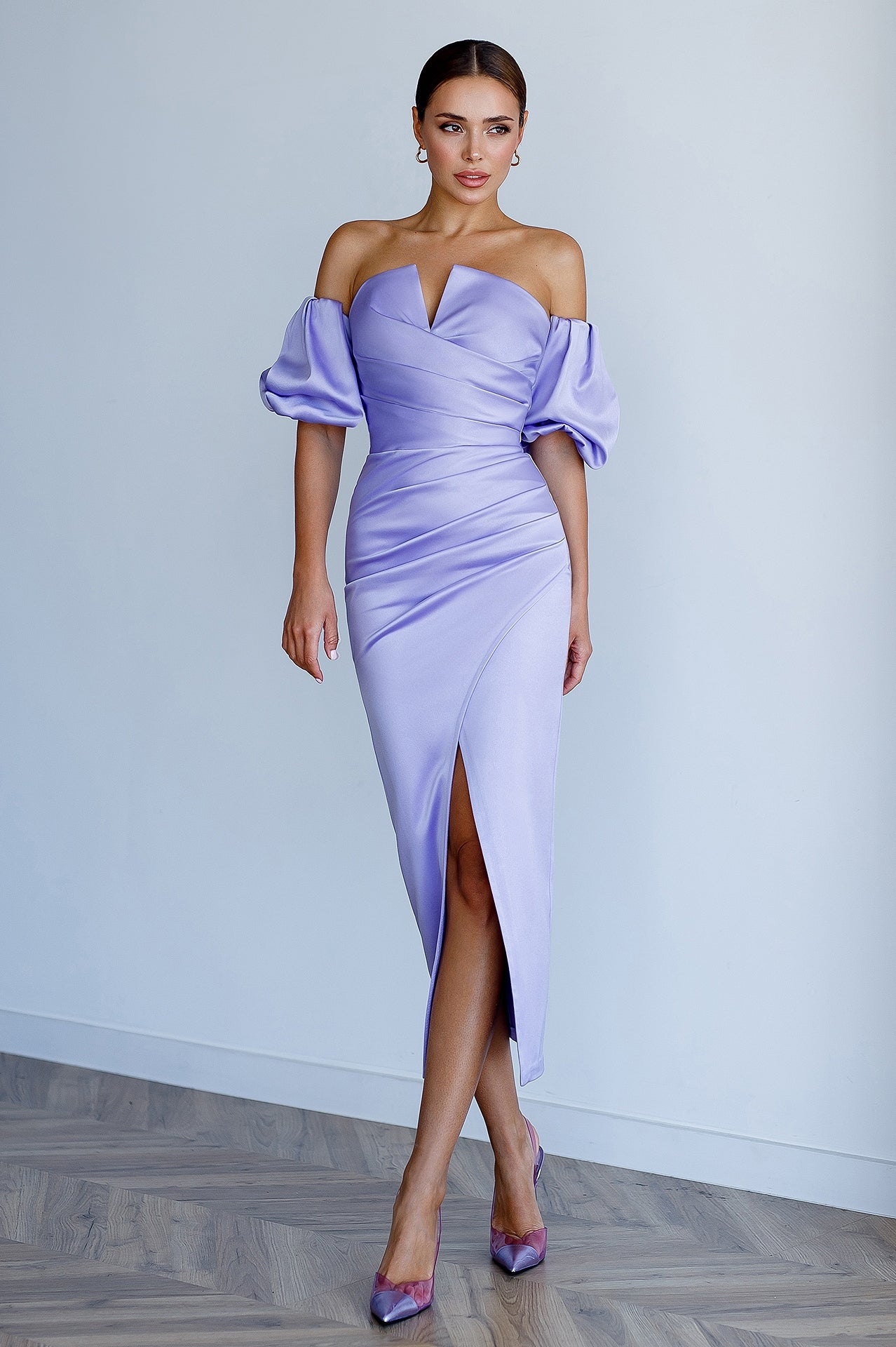 Beatrice Lavender Satin Puff-Sleeve V-Neck Midi Dress