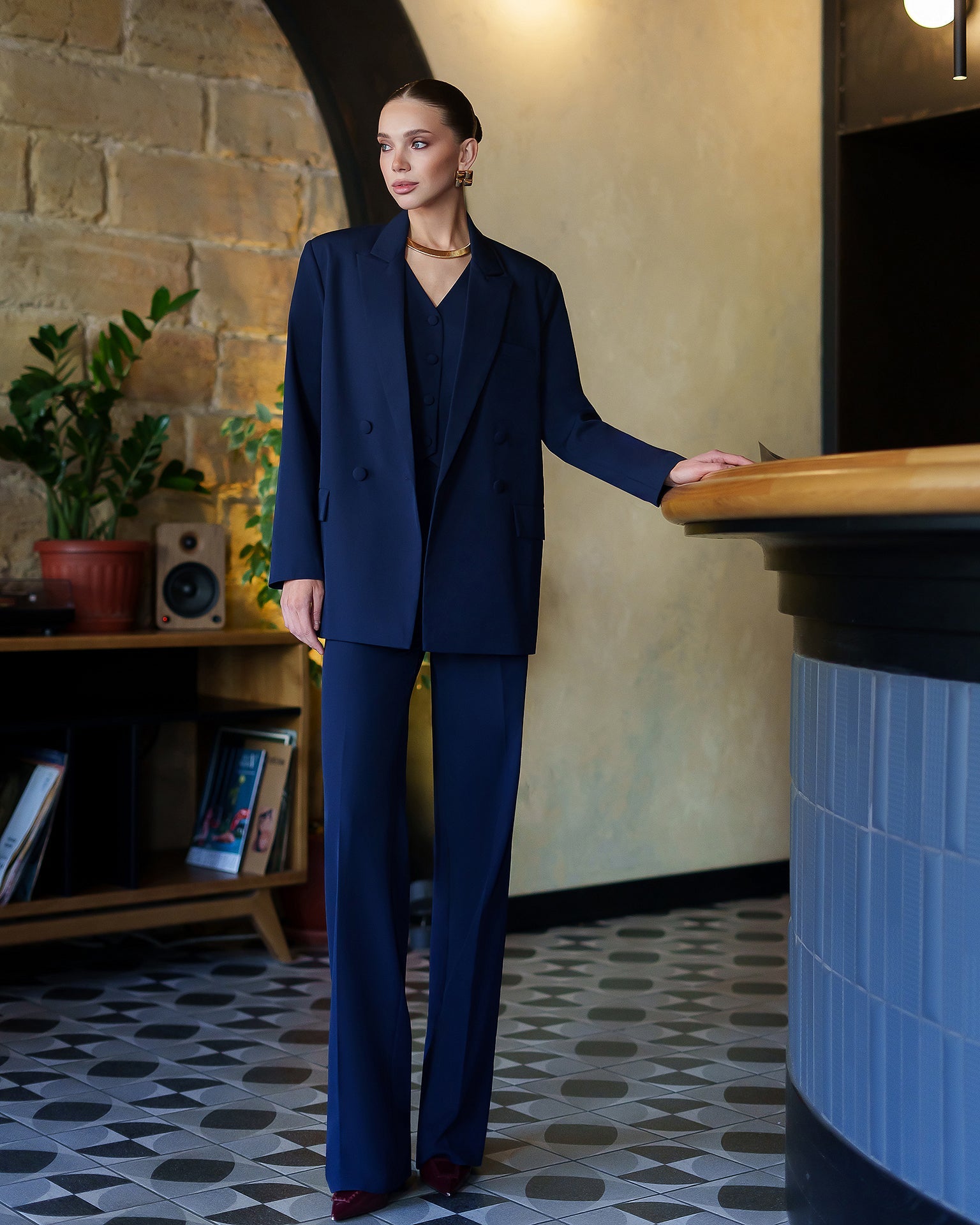 Aurora Navy Crepe Double-Breasted Three-Piece Suit