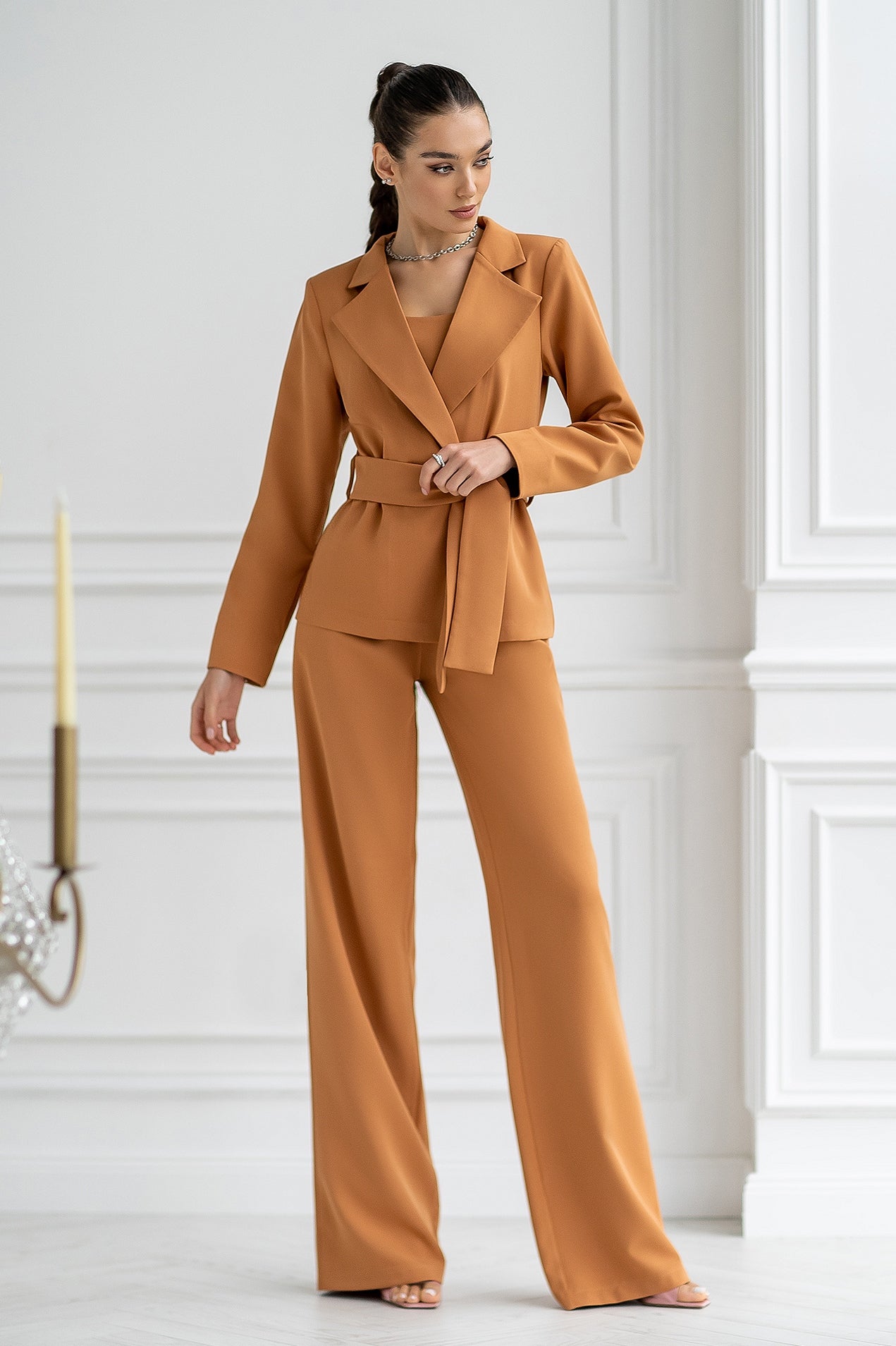 Adriana Camel Belted Wide-Leg Three-Piece Suit