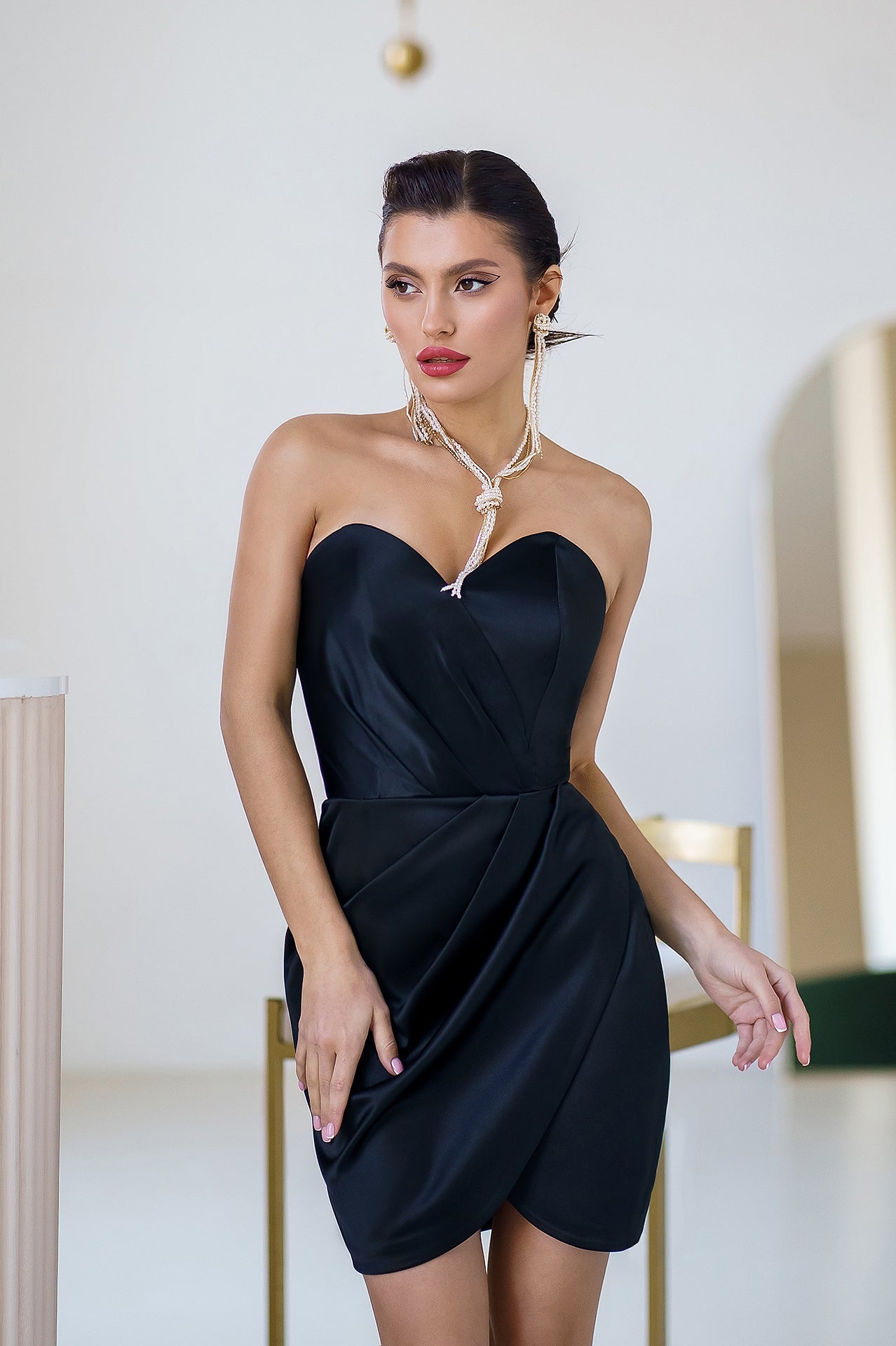 Fiamma Black Strapless Corseted Satin Mini Dress