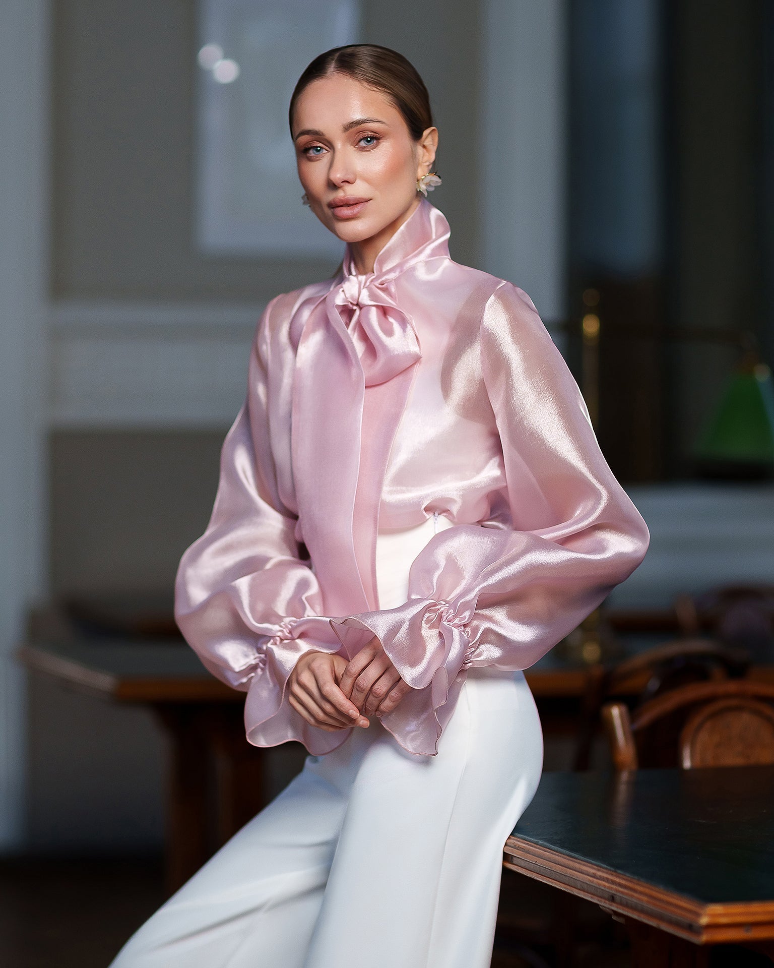 Adriana Pink Sheer Organza Bow-Neck Puff Sleeve Blouse