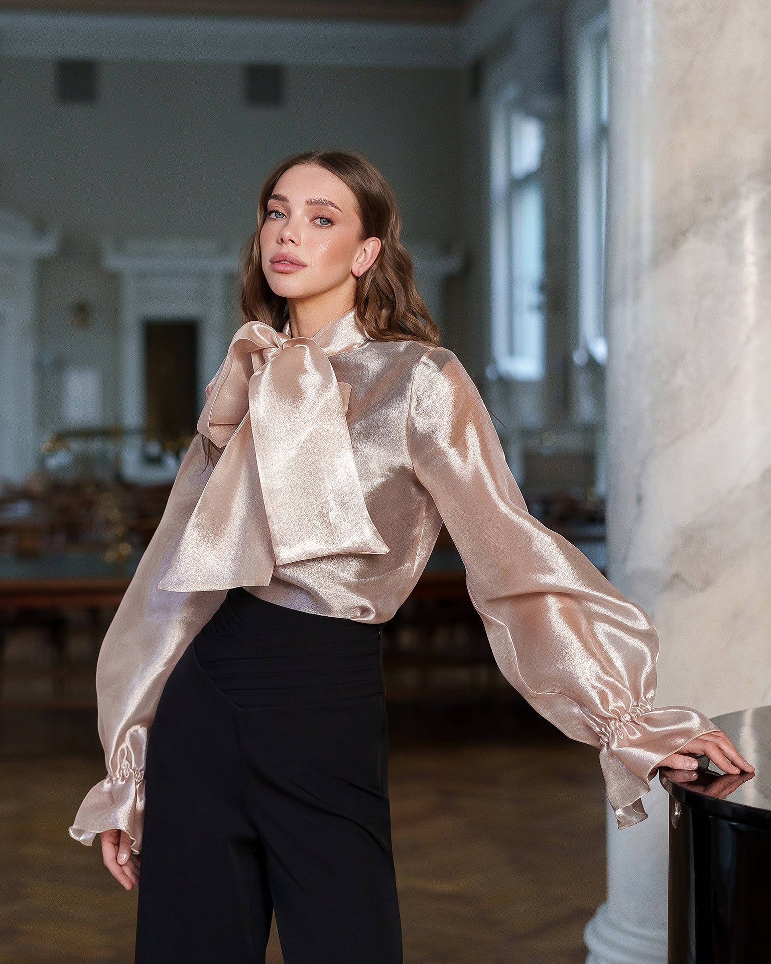Adriana Dusty-Pink Sheer Organza Bow-Neck Puff Sleeve Blouse