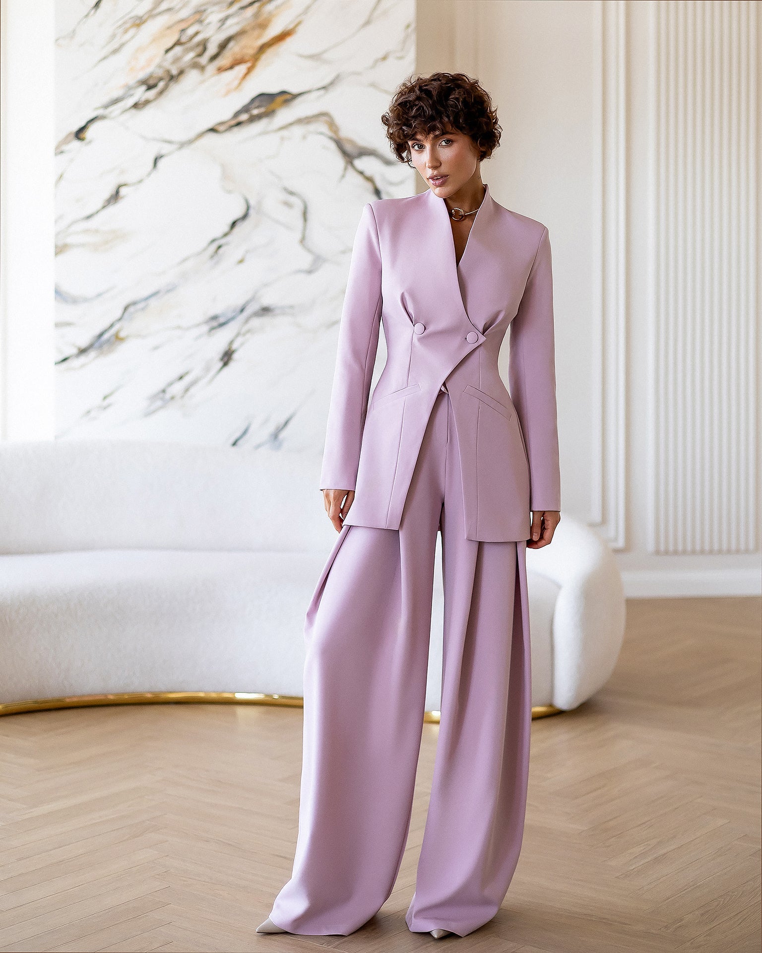 Eleonora Dusty-Pink Asymmetric Double-Breasted Longline Blazer Two-Piece Suit