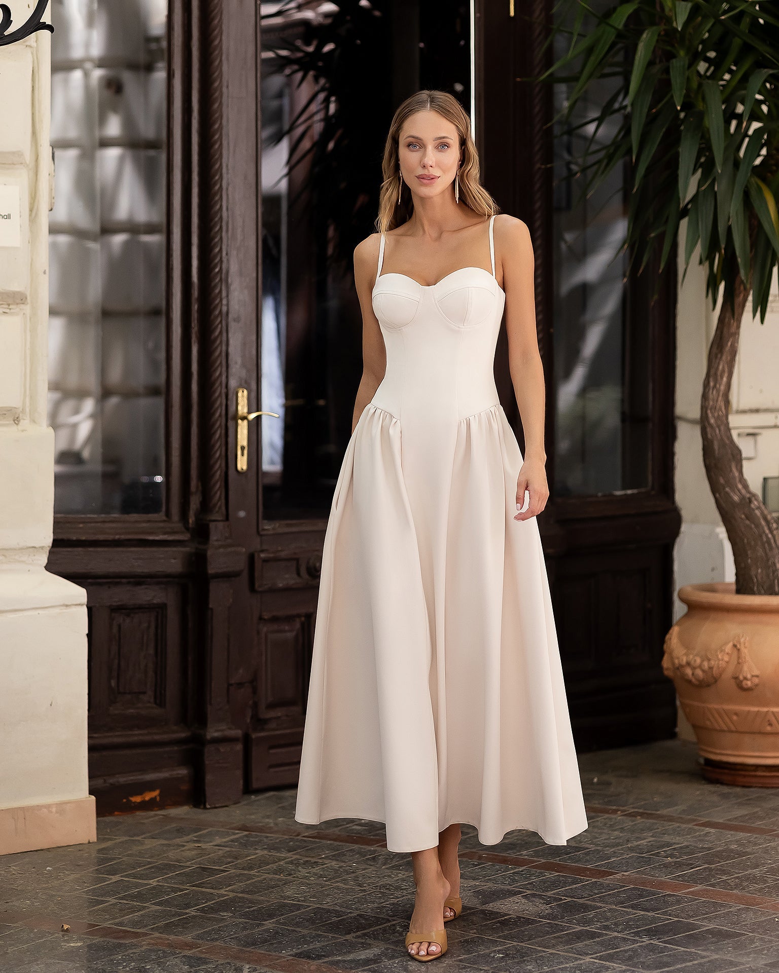 Adriana Beige Sweetheart Neckline Strappy Flared Midi Dress
