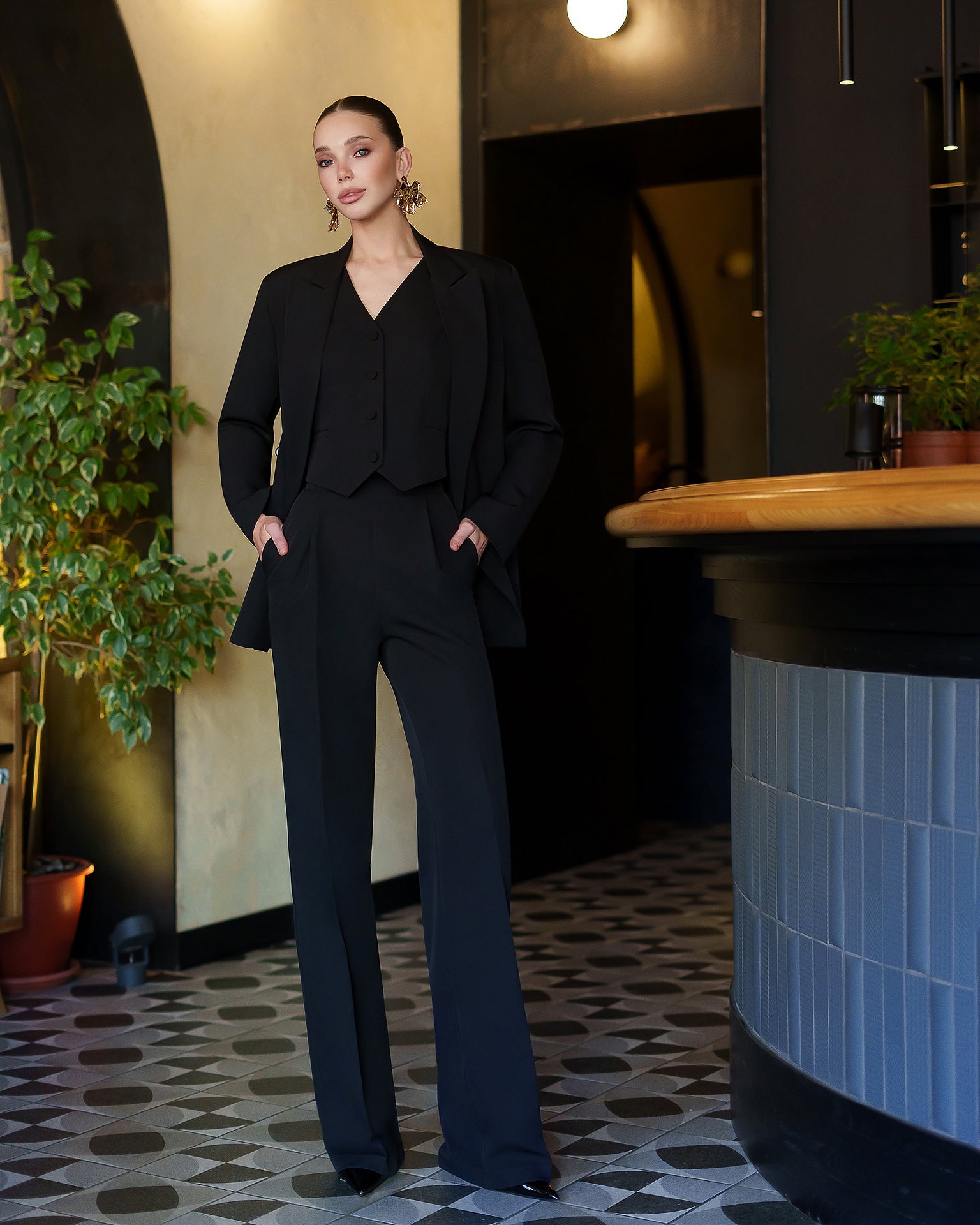 Aurora Black Crepe Double-Breasted Three-Piece Suit