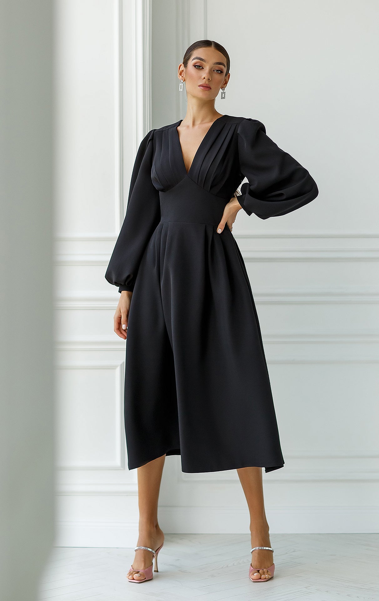 Adriana Black V-Neck Puff Sleeve Midi Dress