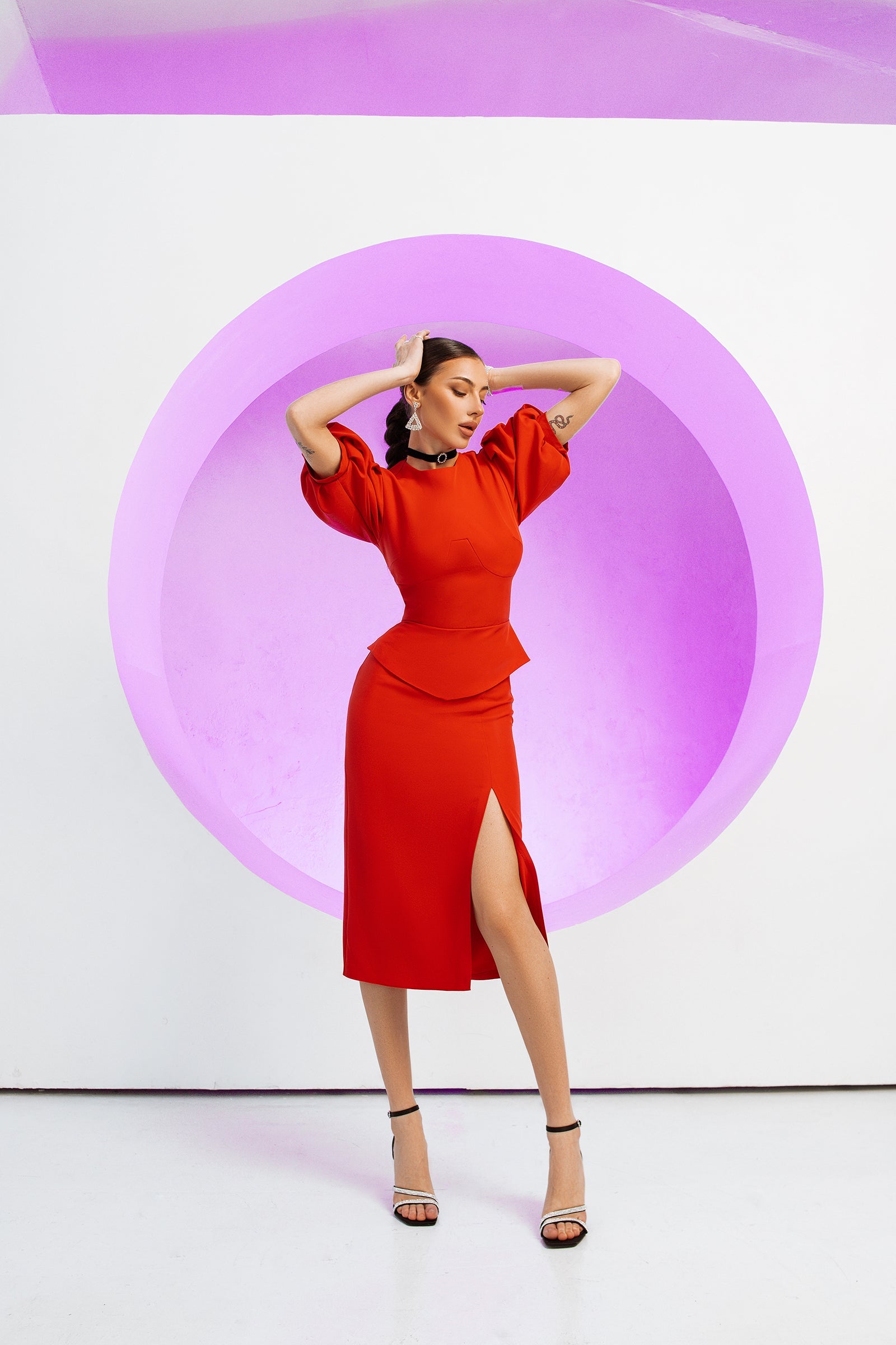 Adriana Red Puff-Sleeve Top & Midi Skirt Two-Piece Set