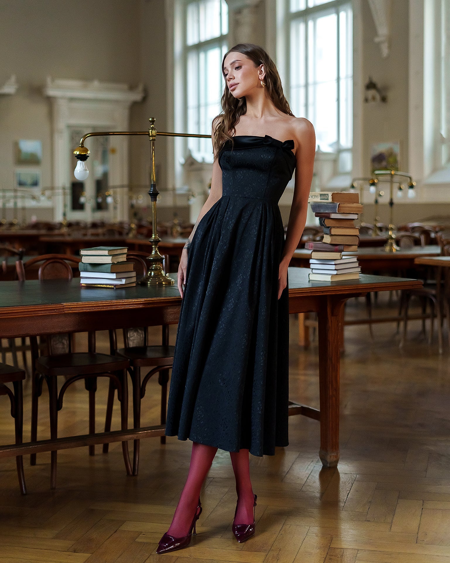Francesca Black Satin Strapless Bow-Detail Midi Dress